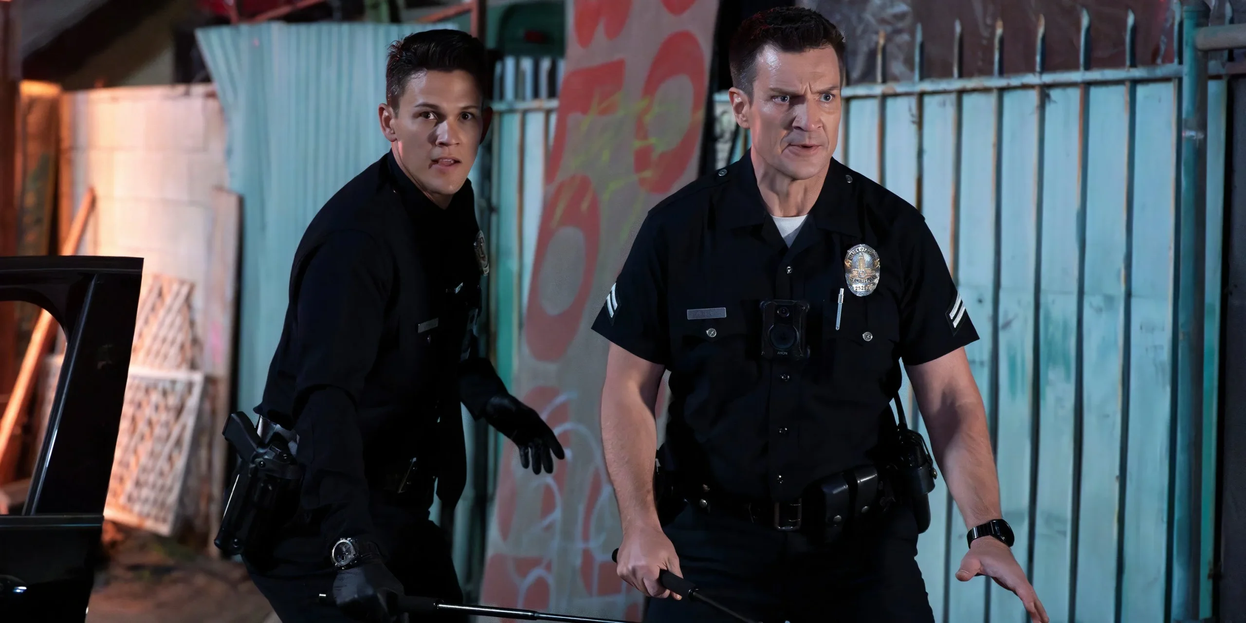 David Gridley as Connor Craig and Nathan Fillion as John Nolan in The Rookie season 7, episode 12