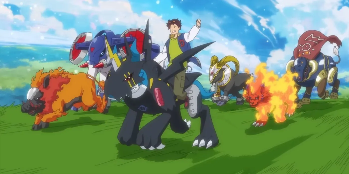 Davis riding Raidramon accompanied by Armor Digimon. Davis riding Raidramon accompanied by Armor Digimon.
