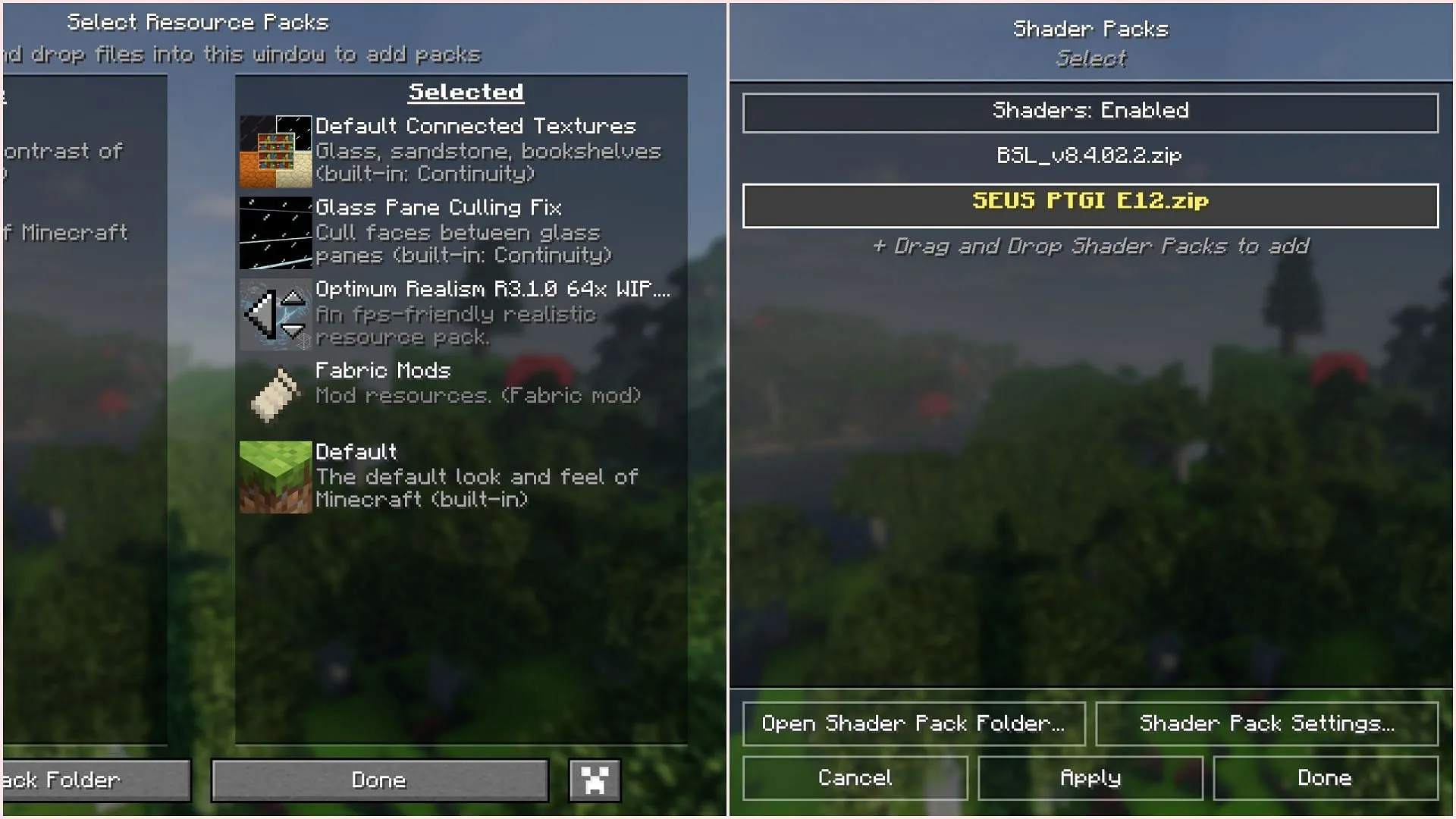 Activating the Optimum Realism pack with SEUS shader pack (Image via Sportskeeda Gaming/Mojang Studios) Activating the Optimum Realism pack with SEUS shader pack (Image via Sportskeeda Gaming/Mojang Studios)