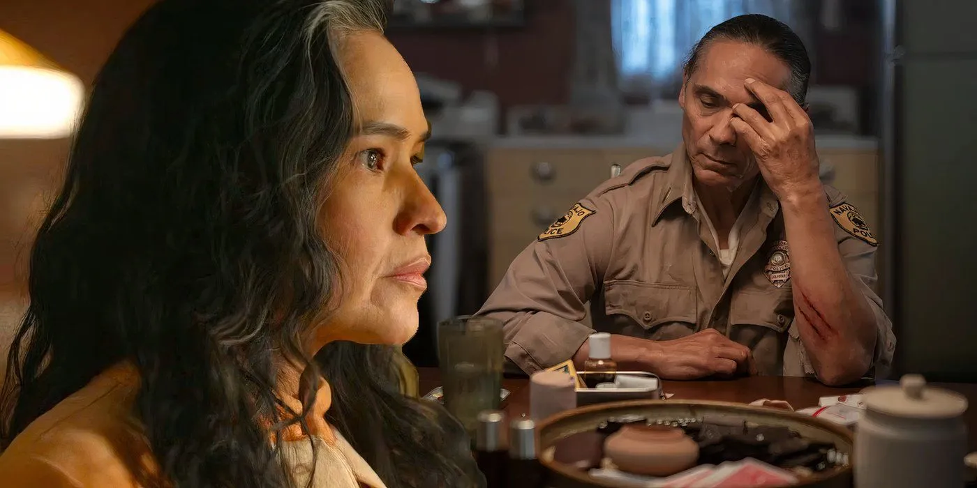 Deanna Allison as Emma and Zahn McClarnon as Joe Leaphorn in Dark Winds Deanna Allison as Emma and Zahn McClarnon as Joe Leaphorn in Dark Winds