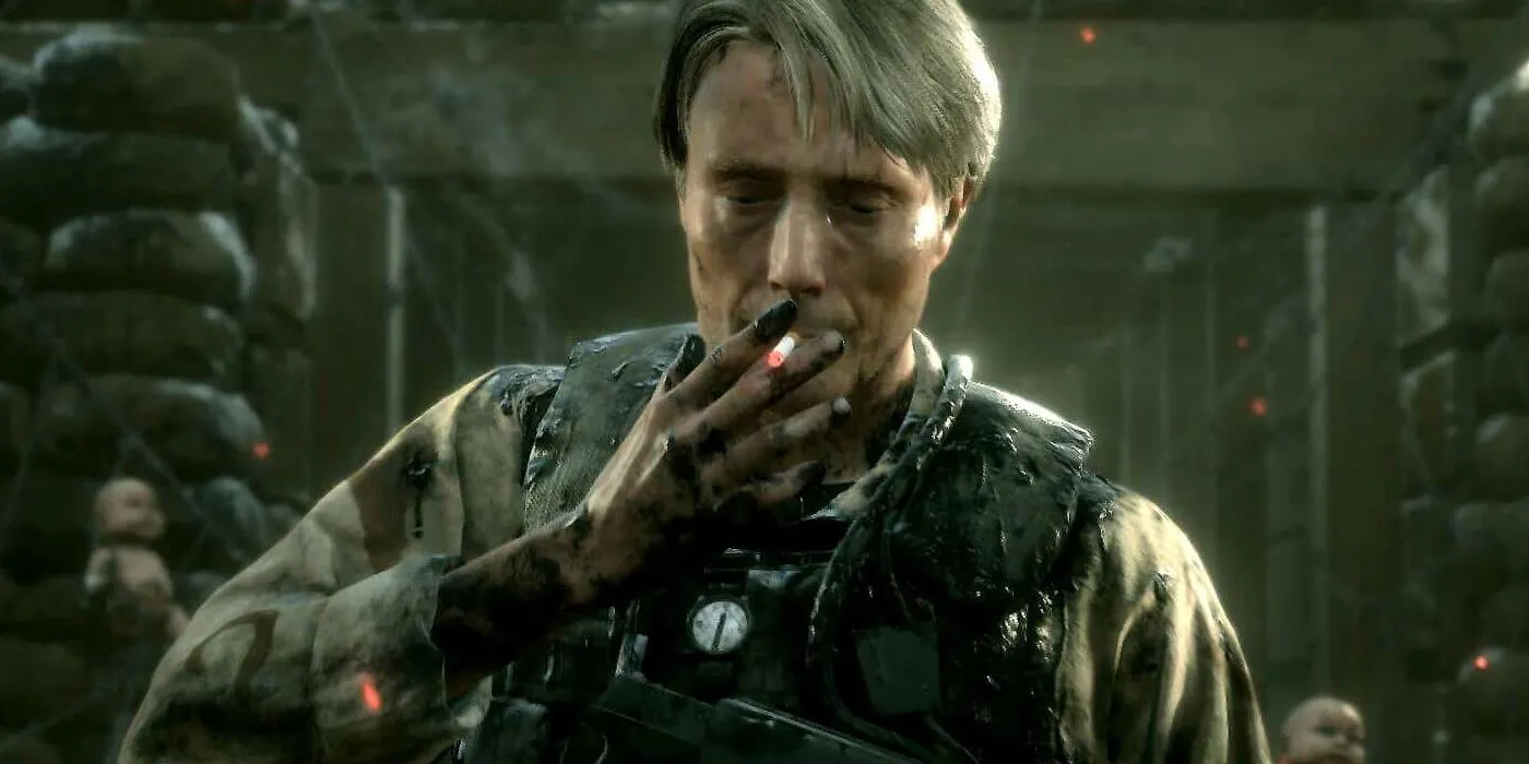 Screenshot of Mads Mikkelsen's character from Death Stranding in tactical gear.