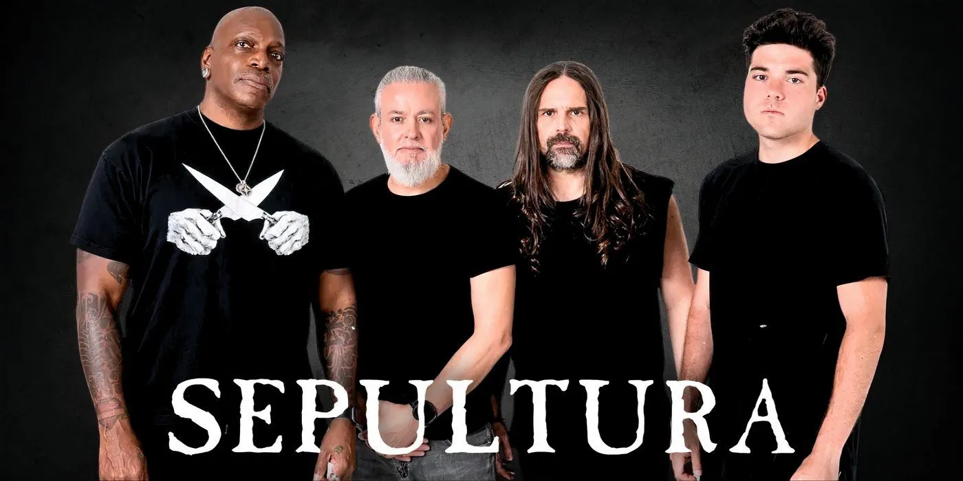 The band Sepultura alongside their logo The band Sepultura alongside their logo