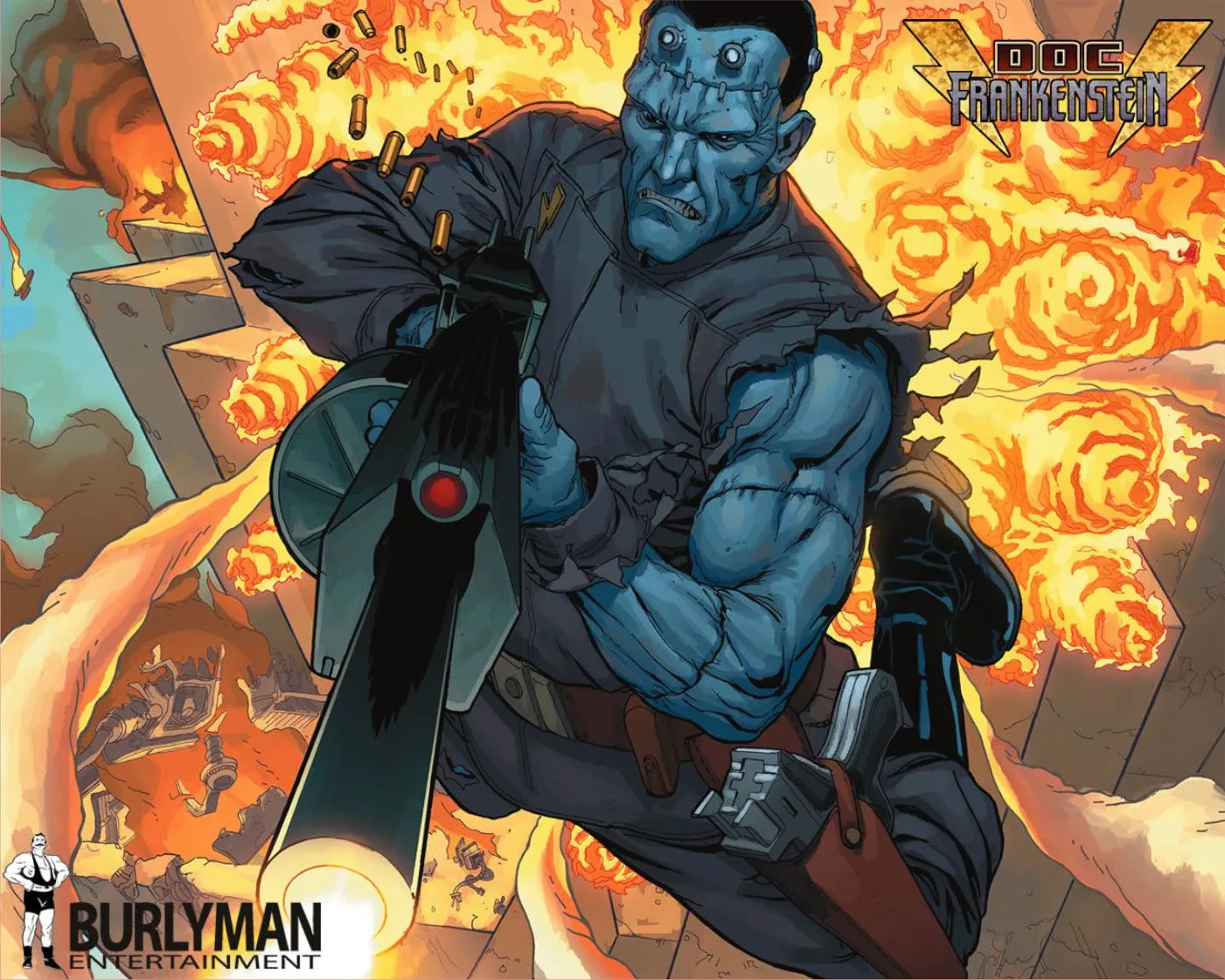 Doc Frankenstein jumping away from an explosion Doc Frankenstein jumping away from an explosion