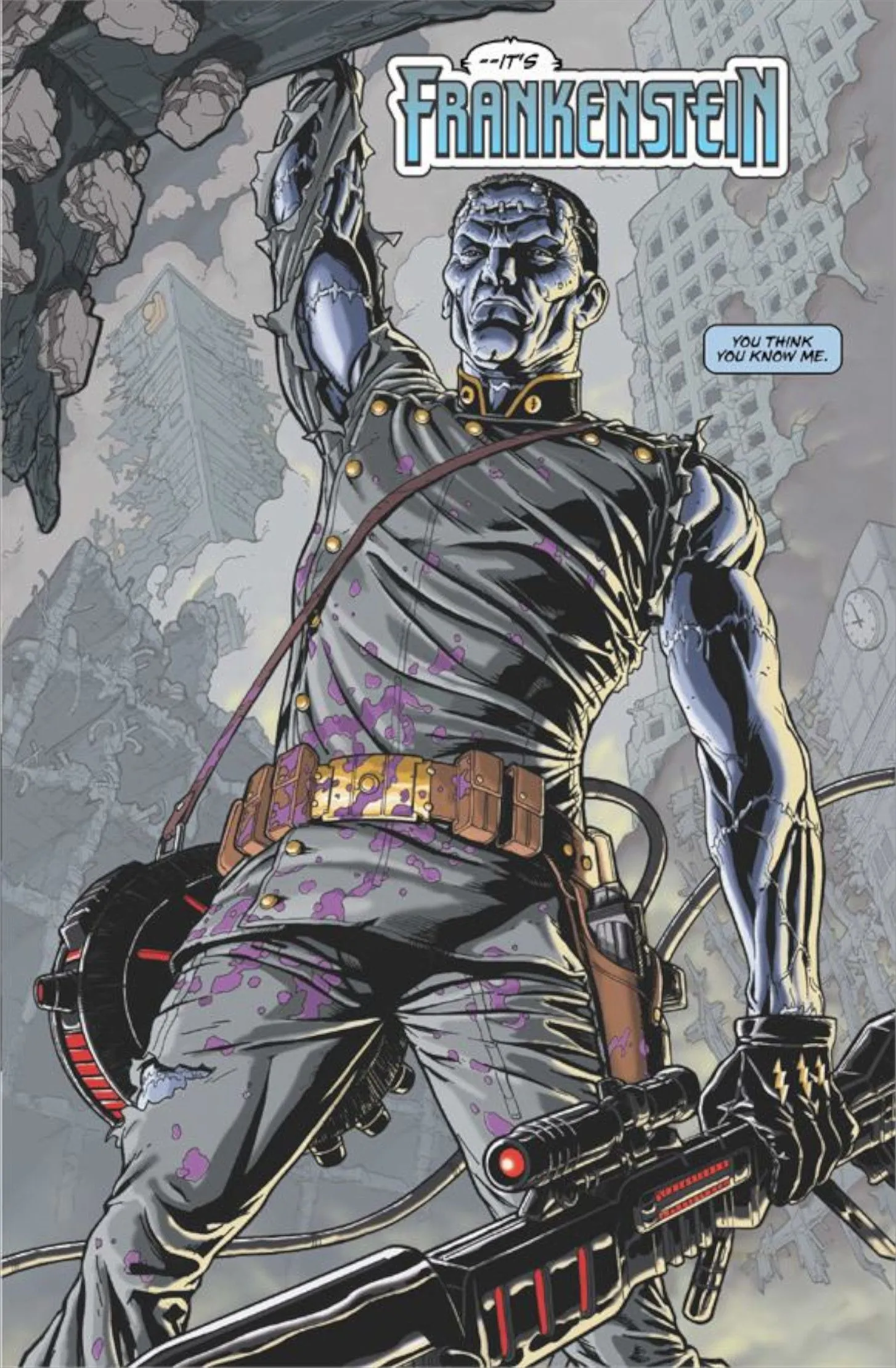 Doc Frankenstein hangs from a building while holding a gun Doc Frankenstein hangs from a building while holding a gun