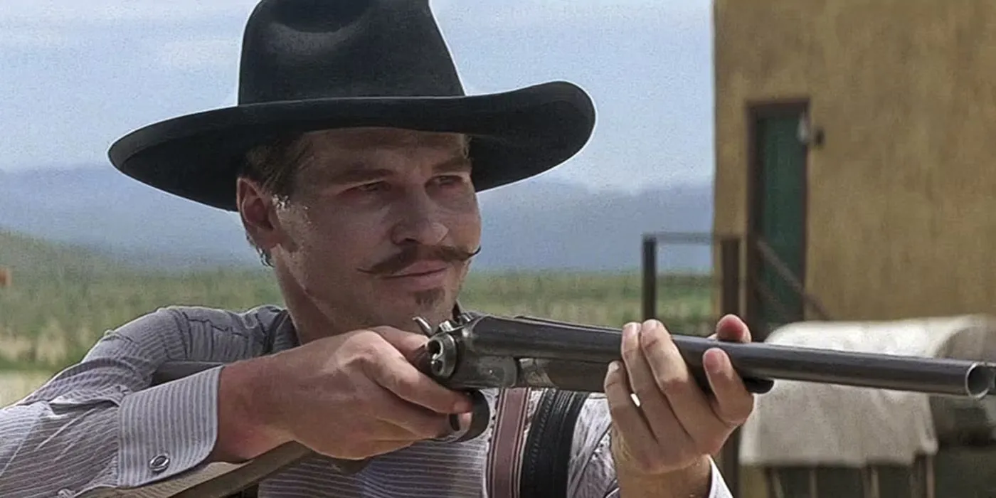 Doc Holliday (Val Kilmer) aims a gun in Tombstone. Doc Holliday (Val Kilmer) aims a gun in Tombstone.