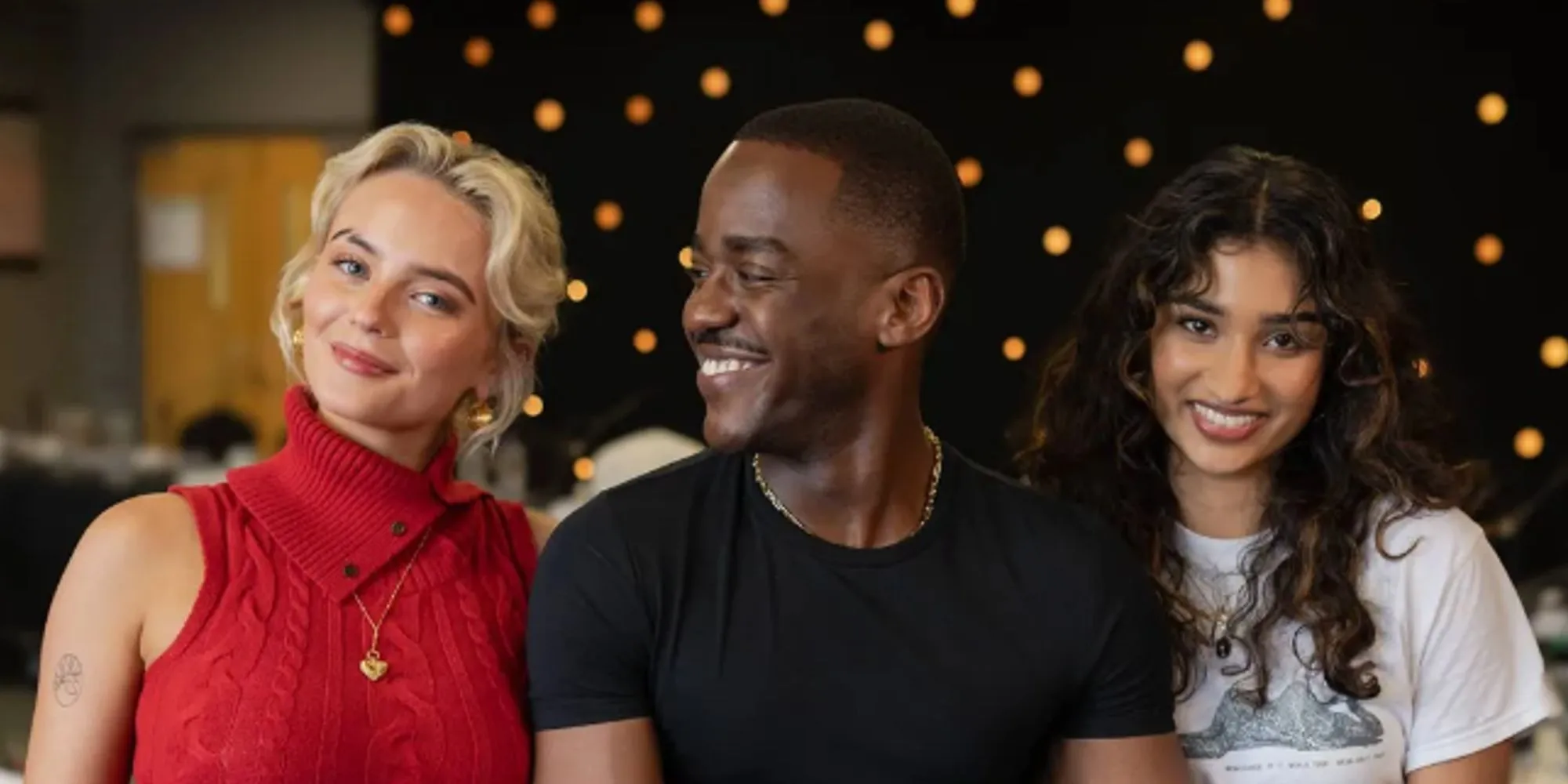 Millie Gibson, Ncuti Gatwa, and Varada Sethu pose together for a Doctor Who casting announcement image