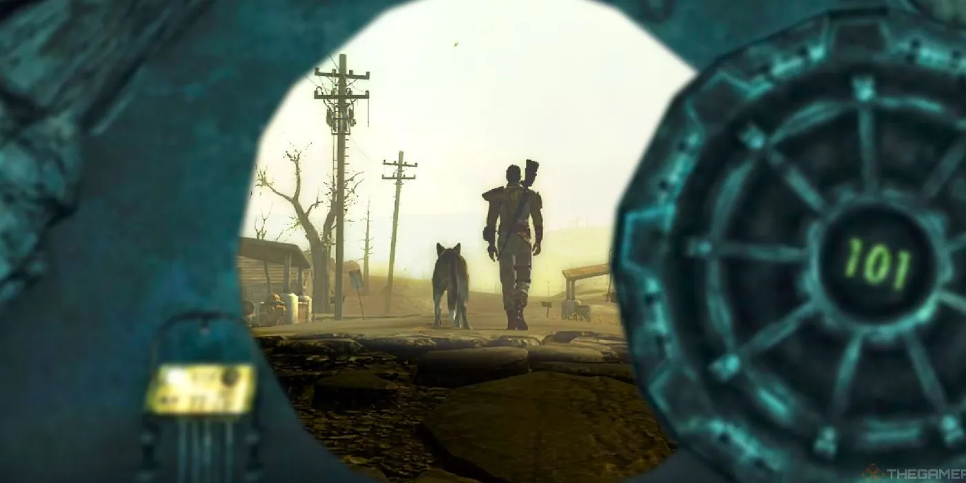 Dogmeat and the protagonist leaving Vault 101 Dogmeat and the protagonist leaving Vault 101