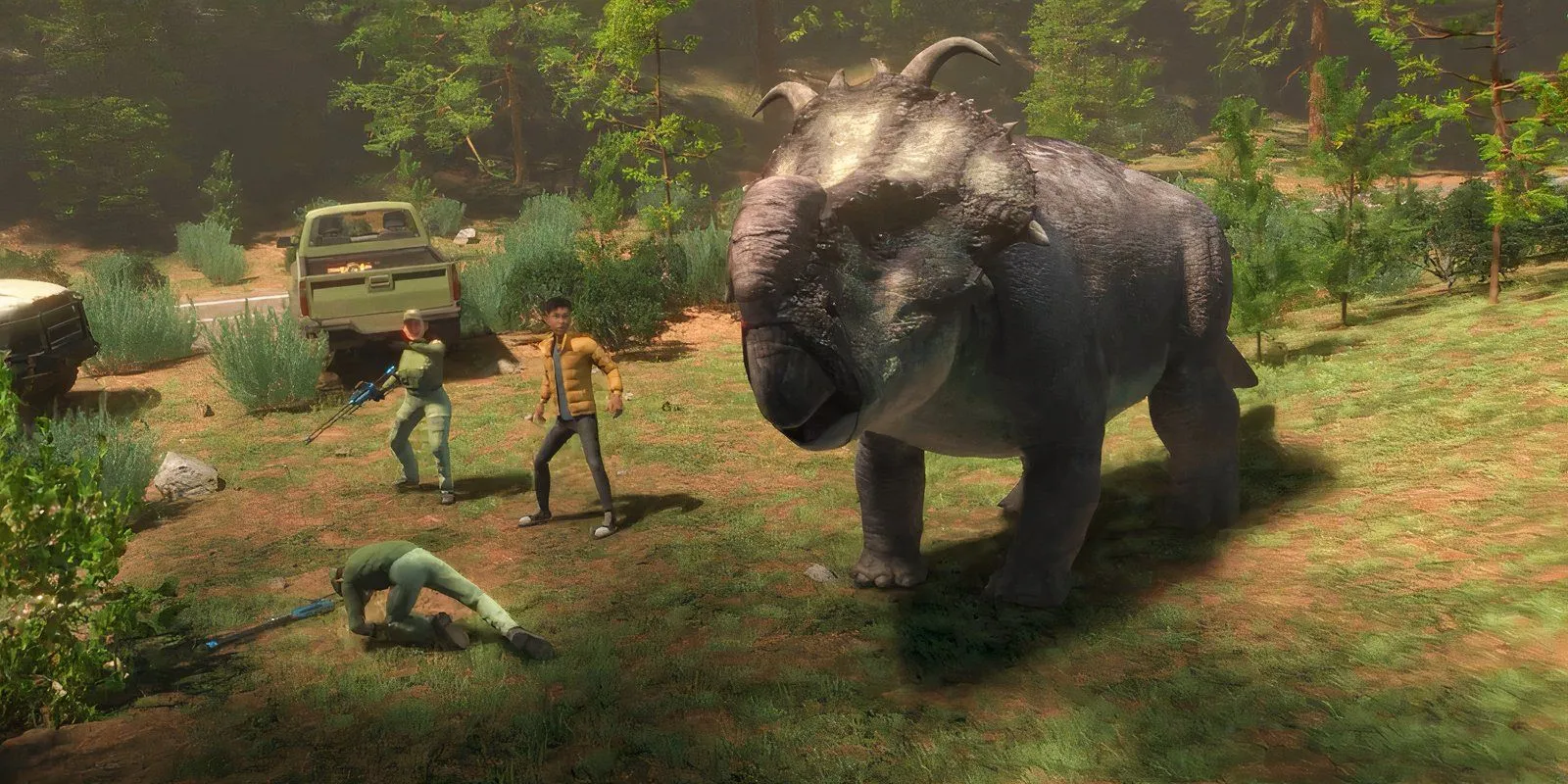 DPW agents and Darius look shocked by a Pachyrhinosaurus in Jurassic World: Chaos Theory season 1