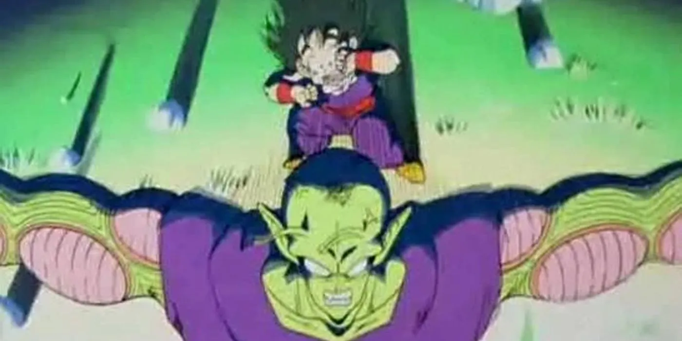 Piccolo protects Gohan from Nappa's attack, leading to his demise. Piccolo protects Gohan from Nappa's attack, leading to his demise.