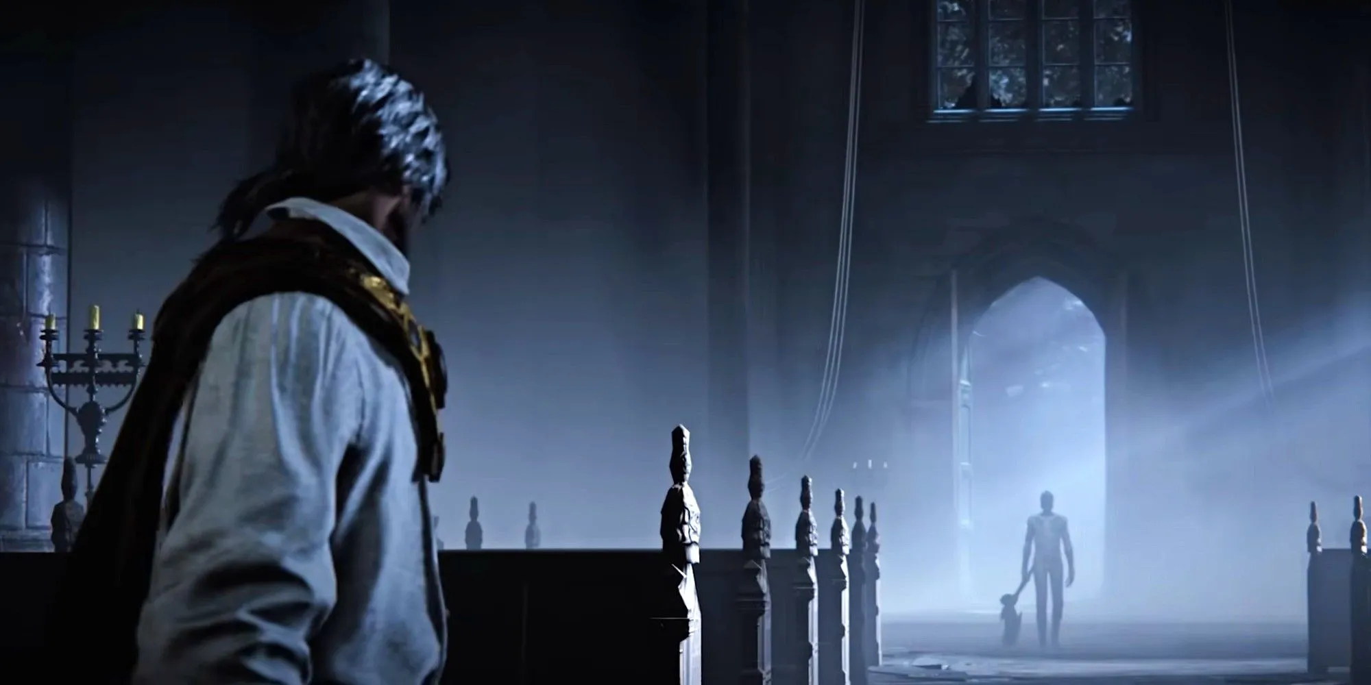 Duskbloods player observing someone at a doorway Duskbloods player observing someone at a doorway