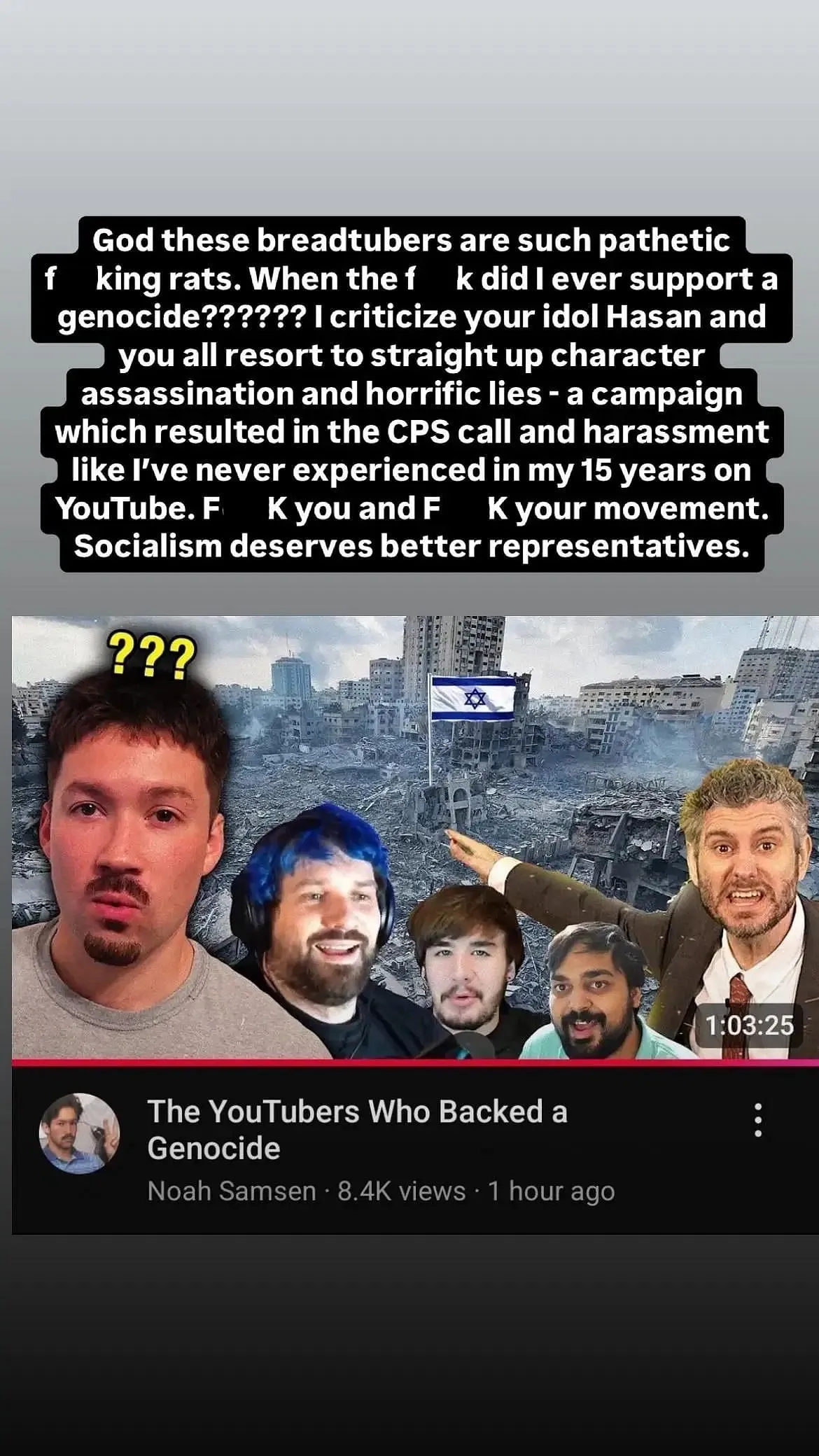 Screenshot of the 'defamatory' thumbnail shared by Ethan Klein on Instagram