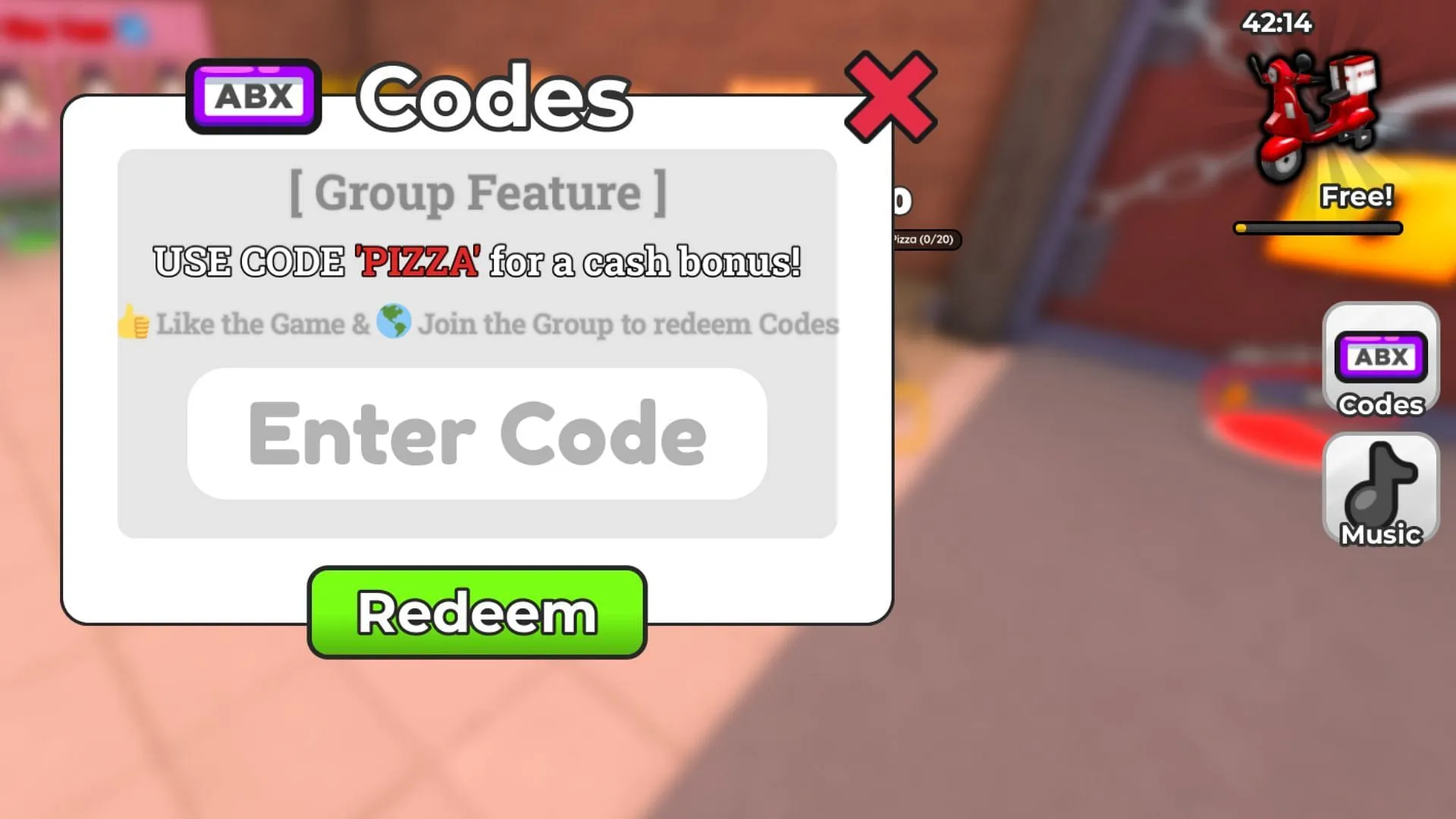 Redeeming codes in Make Pizza To Prove Chef Wrong (Image via Roblox)