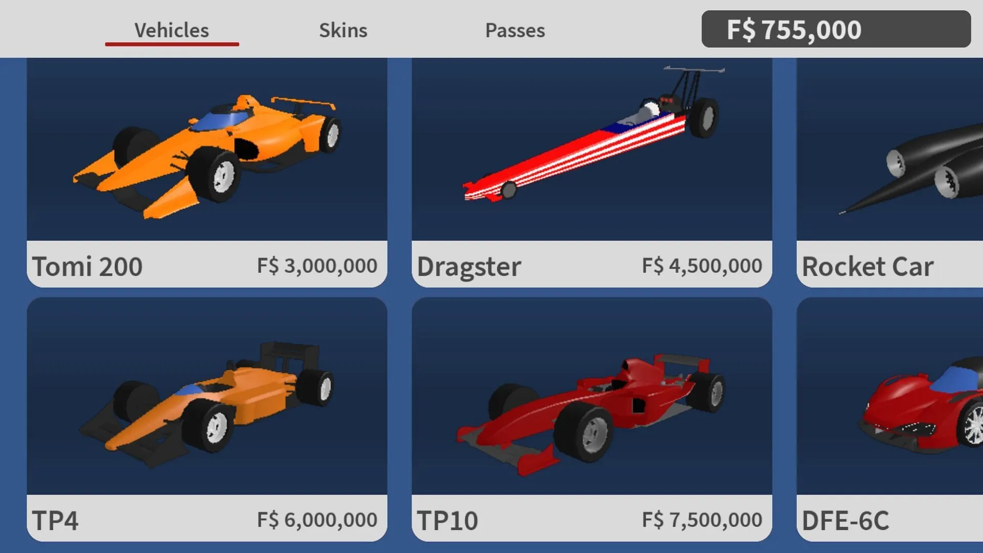 Purchase vehicles and skins with the in-game currency (Image via Roblox) Purchase vehicles and skins with the in-game currency (Image via Roblox)