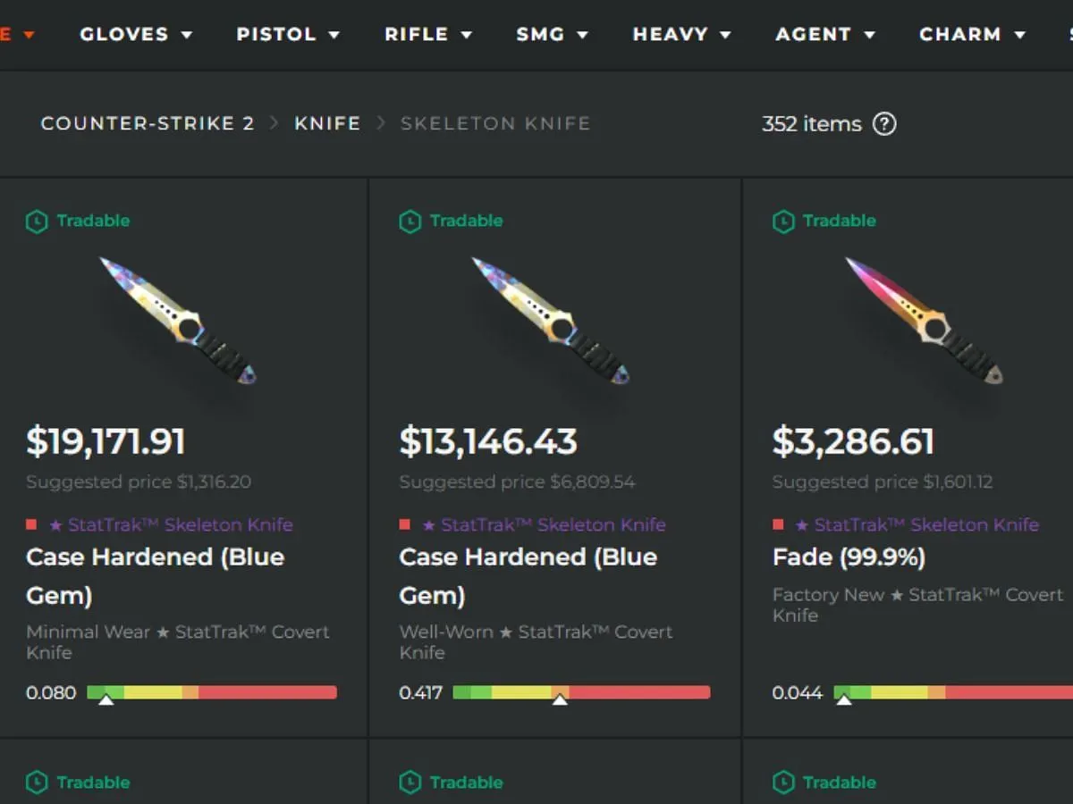 Case Hardened (Blue Gem) StatTrak Skeleton Knife can cost nearly $20K (Image via skinport.com) Case Hardened (Blue Gem) StatTrak Skeleton Knife can cost nearly $20K (Image via skinport.com)