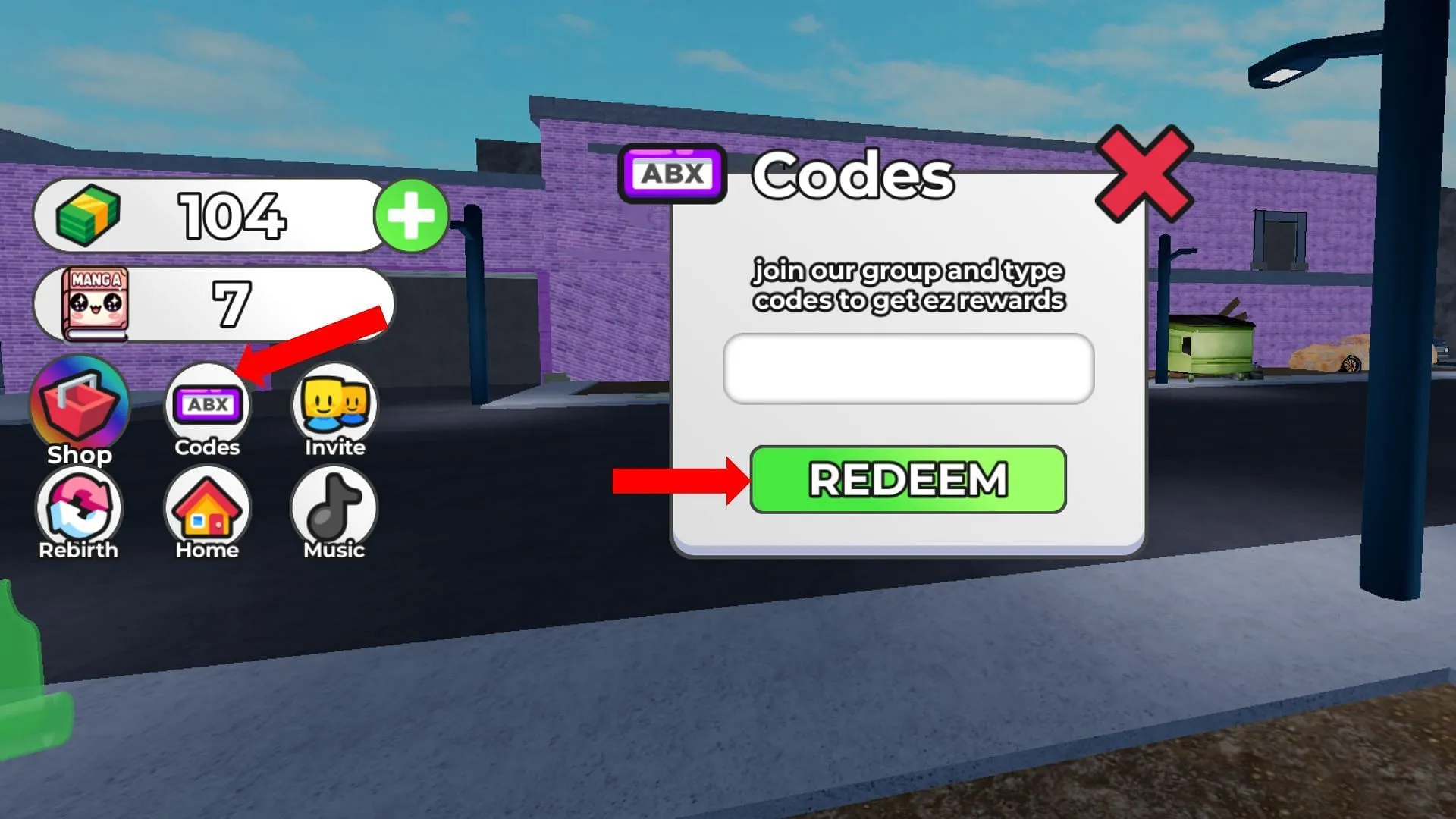 Locate the Codes tab marked by an 'ABX' icon (Image via Roblox)