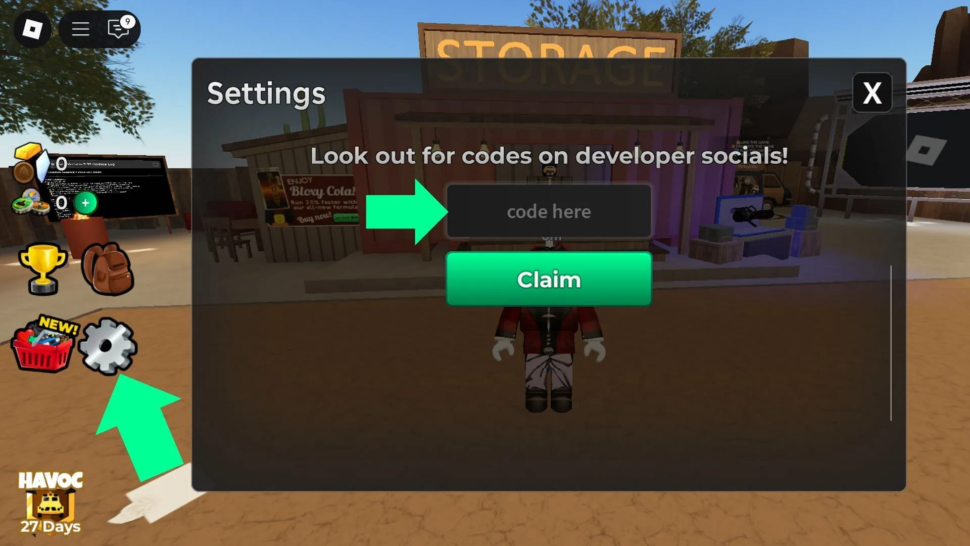 Click the cogwheel icon to open the Settings menu (Image via Roblox)
