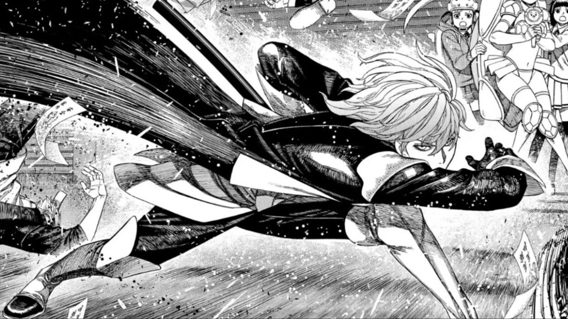 An illustration depicting Count Saint-Germain's first meeting with the Jet Booster Exosuit Kur (Image via Shueisha)