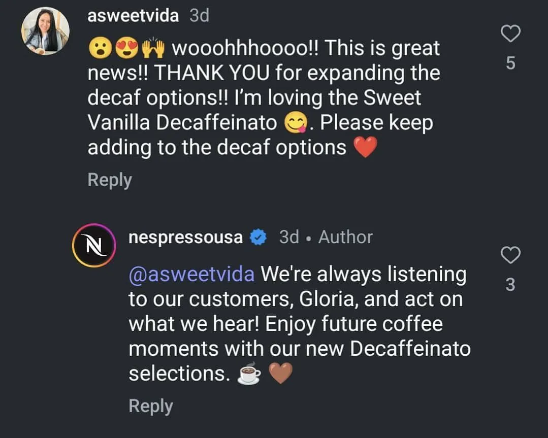User comment under Nespresso's post (Image credits: Screenshot from Instagram)