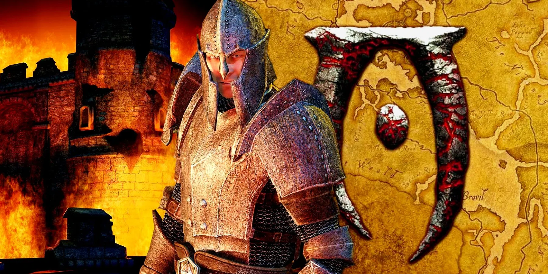 Elder Scrolls 4 Oblivion Imperial Guard in front of the game's logo and Cyrodiil map. Elder Scrolls 4 Oblivion Imperial Guard in front of the game's logo and Cyrodiil map.