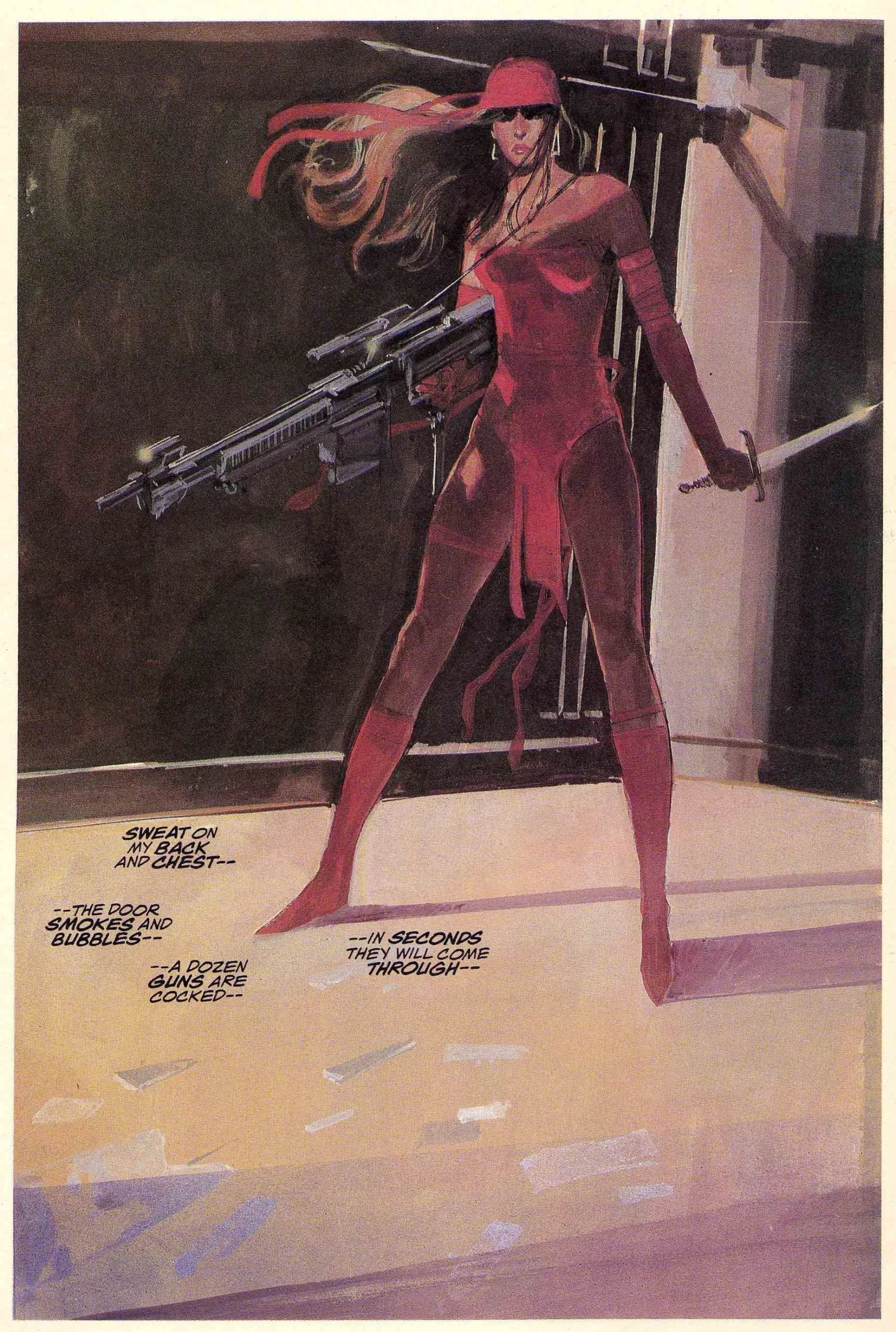 Elektra Assassin Elektra holds a gun and sword