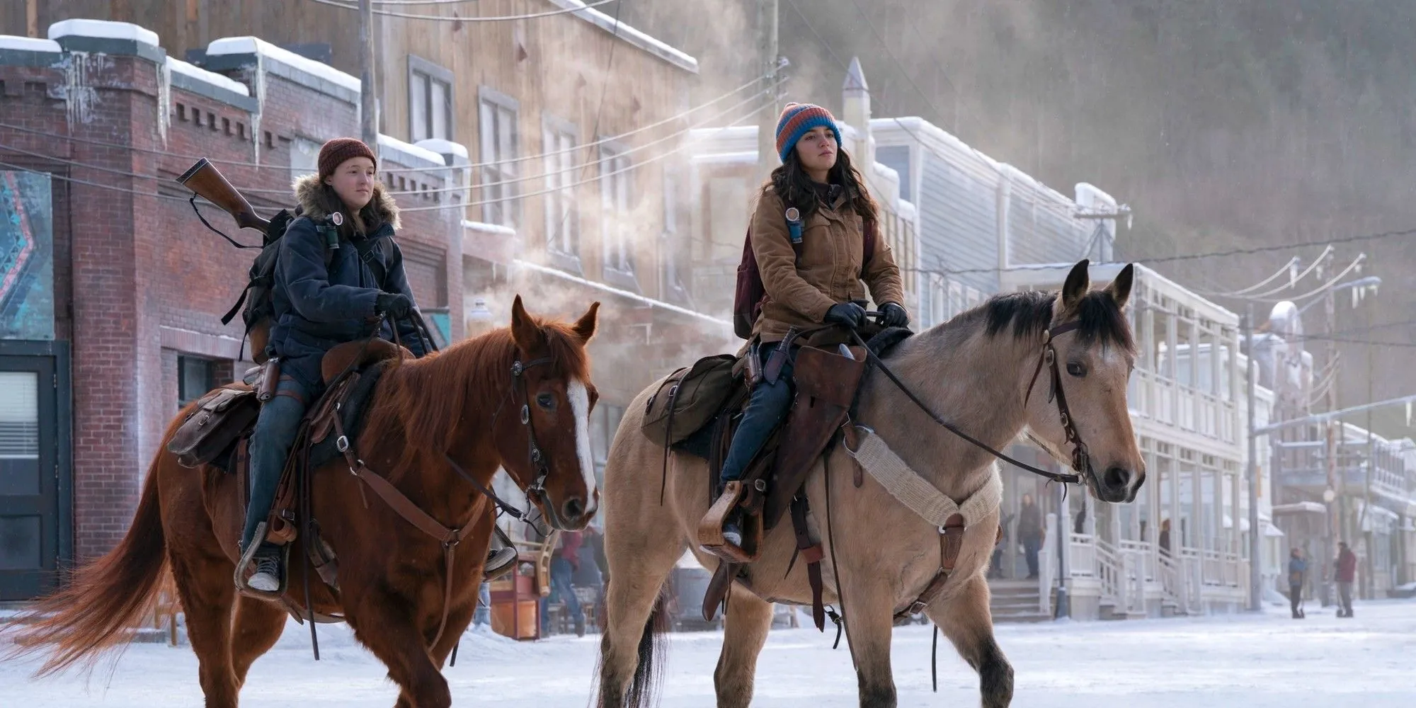 Ellie and Dina riding horses through Jackson in The Last of Us Season 2 Ellie and Dina riding horses through Jackson in The Last of Us Season 2