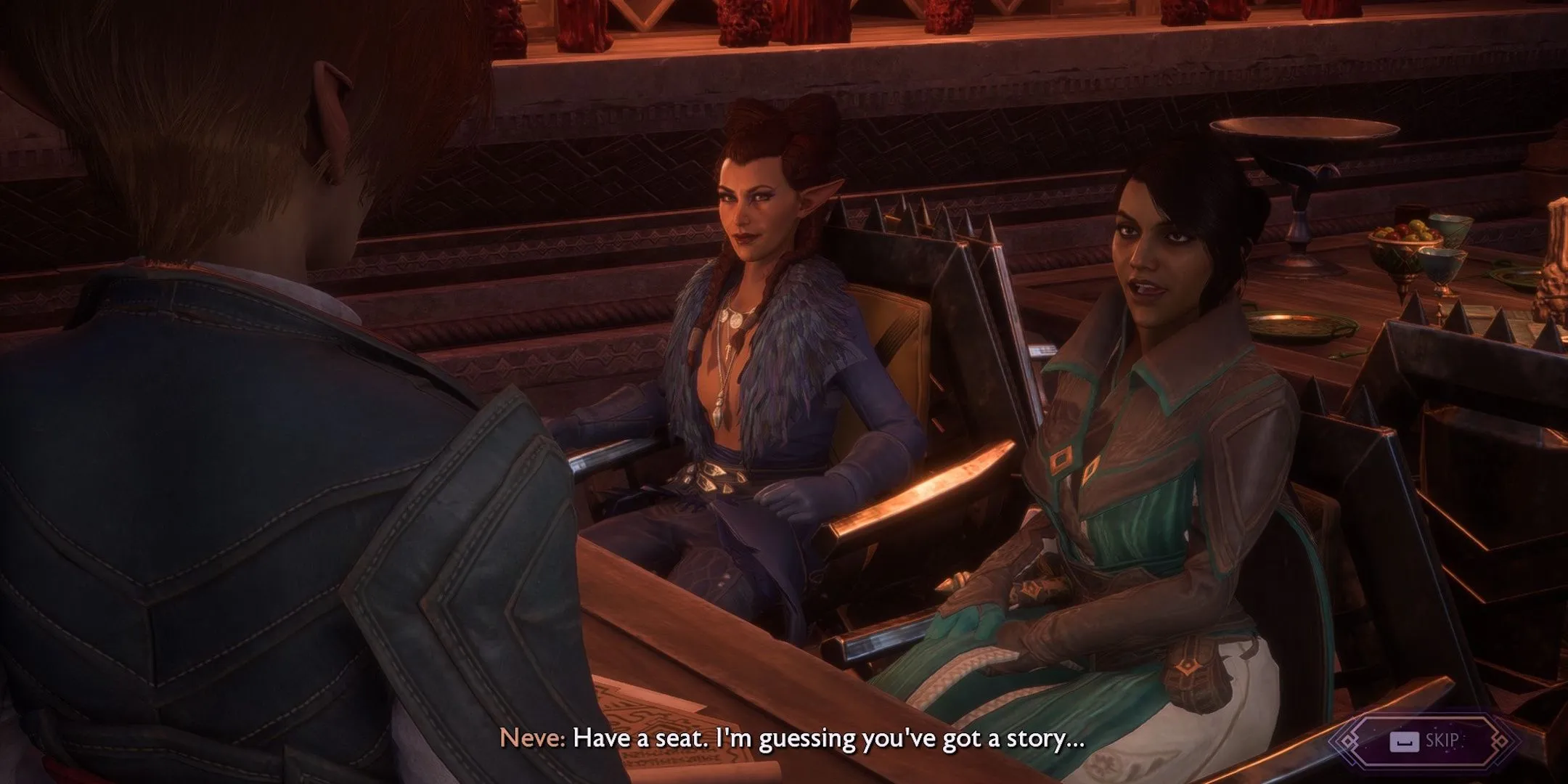 Elven Rook and Neve interacting with a character in need in Dragon Age: The Veilguard.