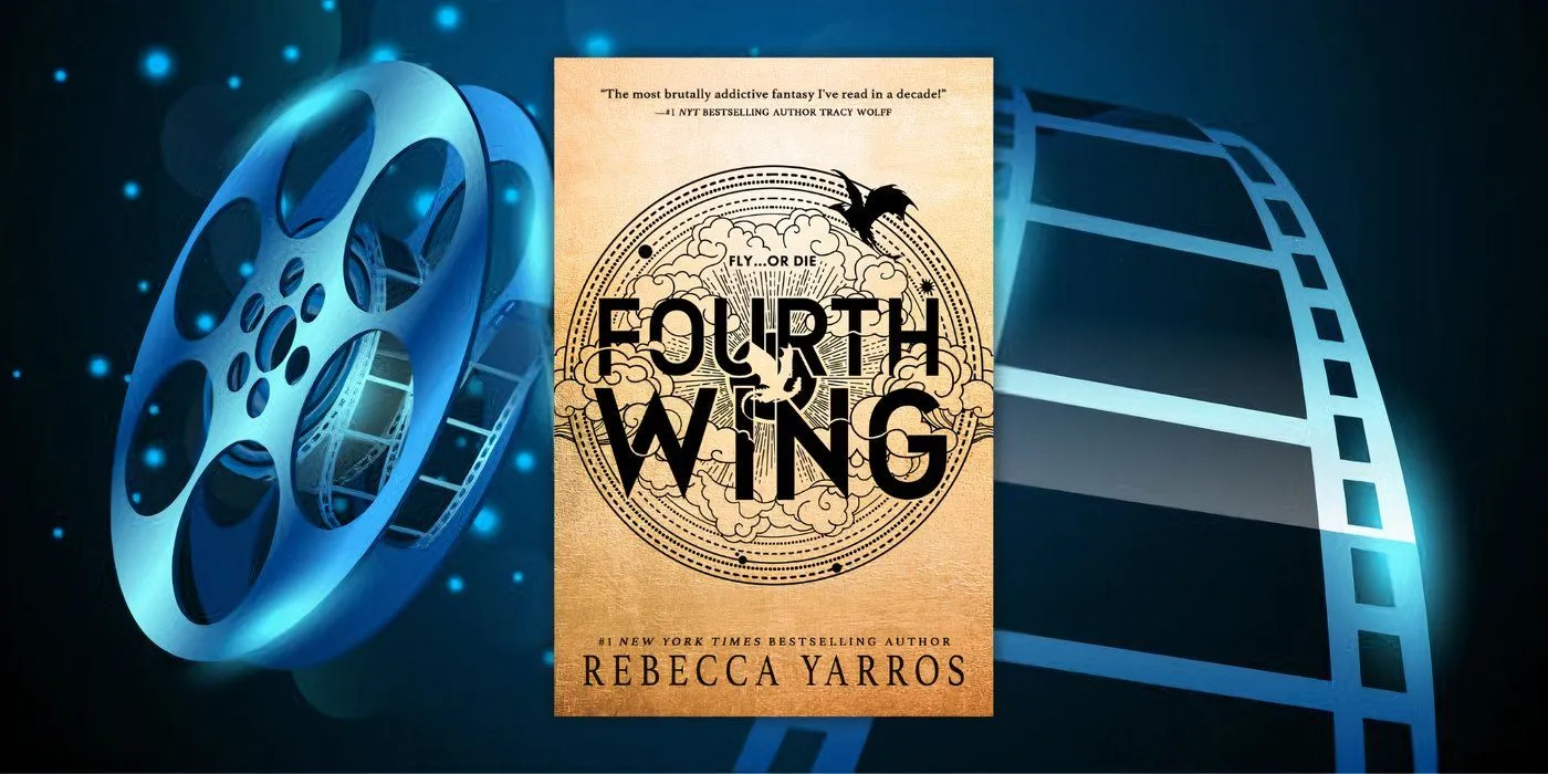 Fourth Wing book cover with blue film reel background