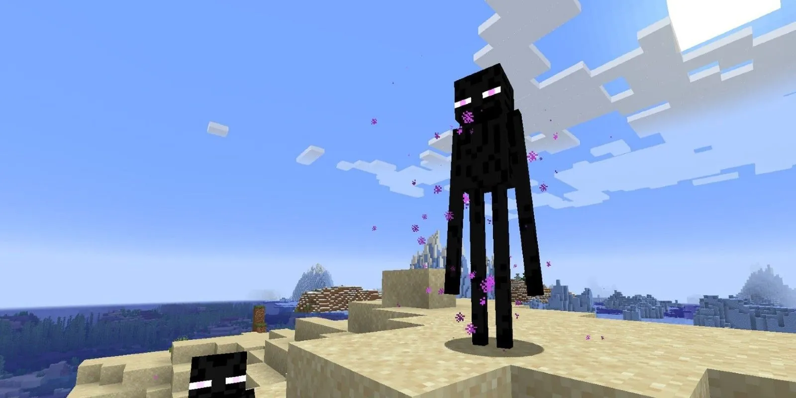 A pair of Endermen seen on a beach in Minecraft. A pair of Endermen seen on a beach in Minecraft.