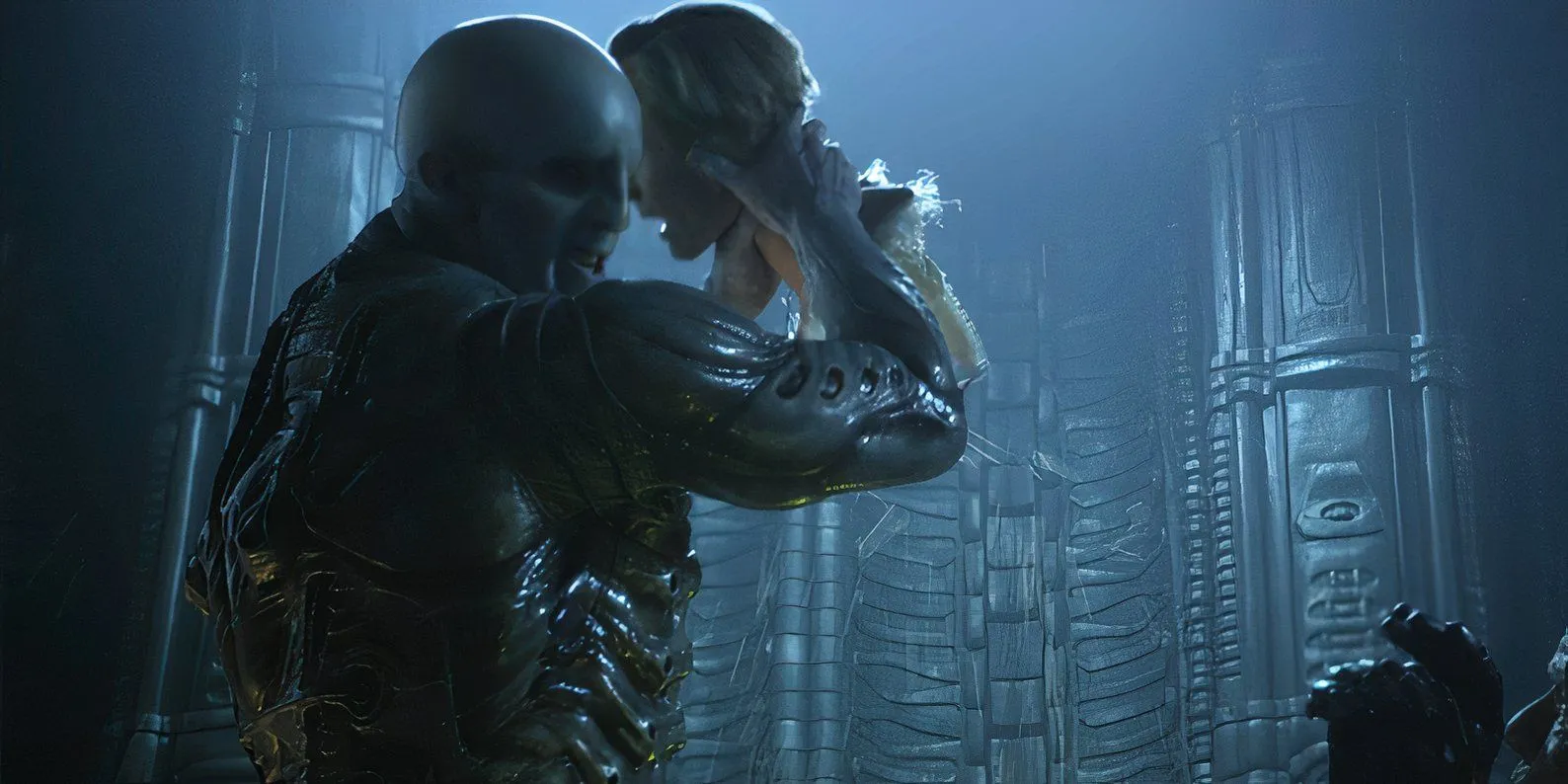 An Engineer (Ian Whyte) rips David's (Michael Fassbender) head off in Prometheus