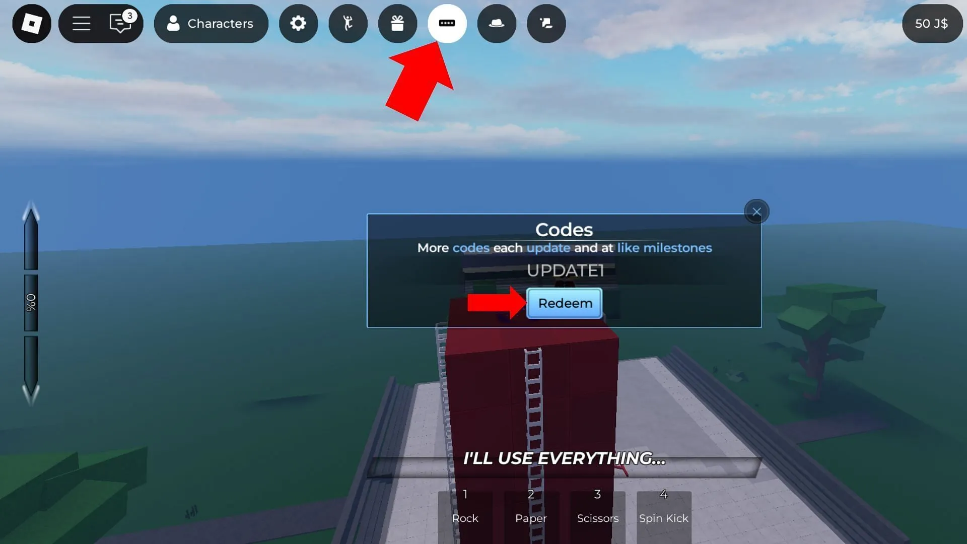 Redeeming codes is straightforward in this game (Image via Roblox)