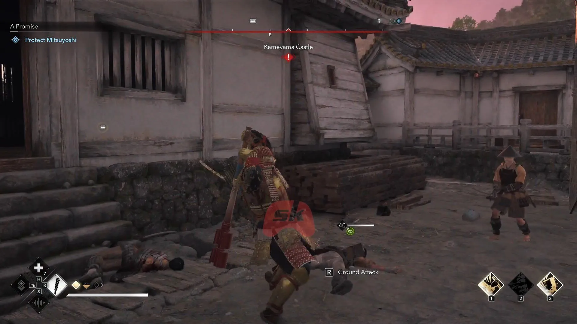 Protect Mitsuyoshi by killing the enemies (Image via Sportskeeda Gaming // Ubisoft) Protect Mitsuyoshi by killing the enemies (Image via Sportskeeda Gaming // Ubisoft)