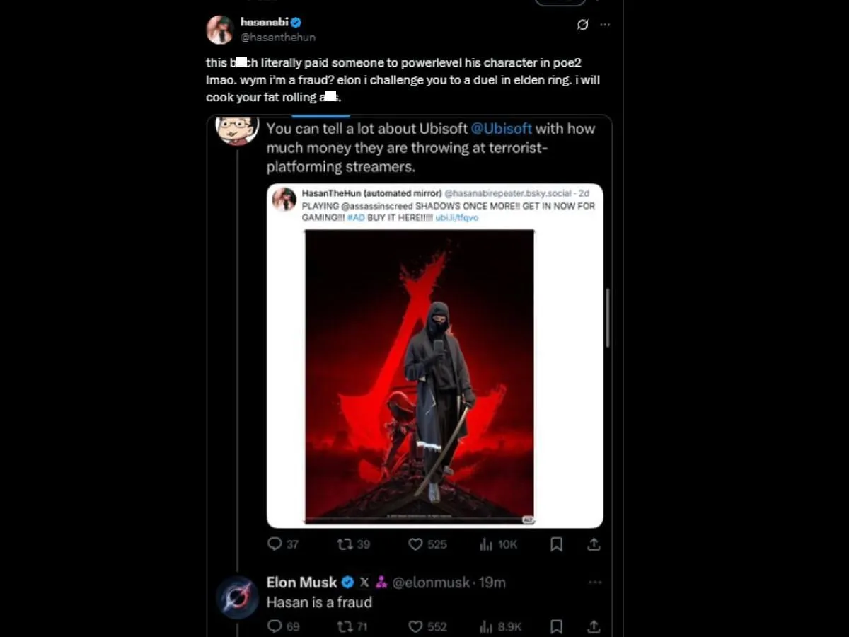 HasanAbi responds to Elon Musk (Image via X/@hasanthehun)