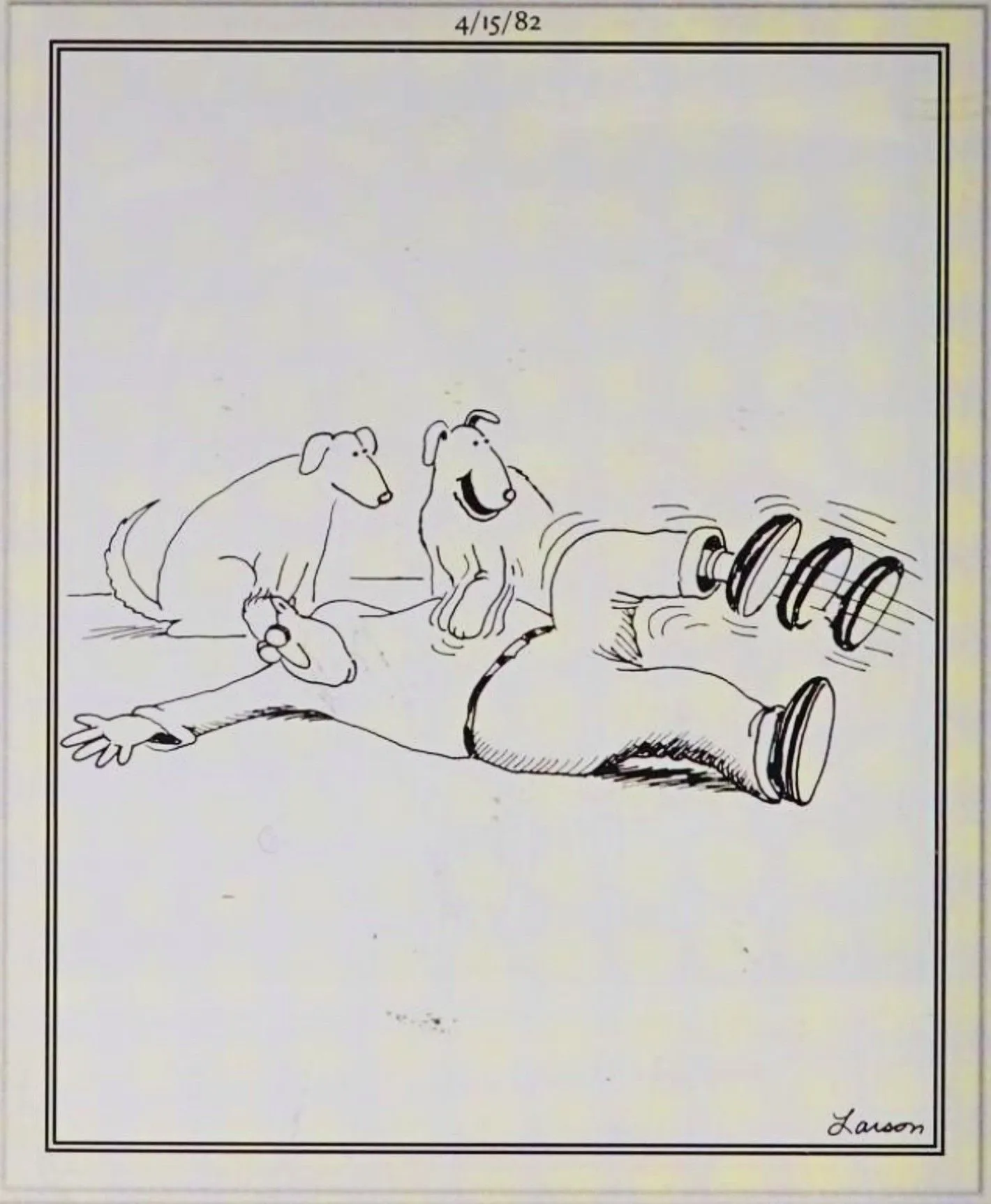 Far Side, April 15, 1982, dogs scratch a human's belly, making his leg kick Far Side, April 15, 1982, dogs scratch a human's belly, making his leg kick