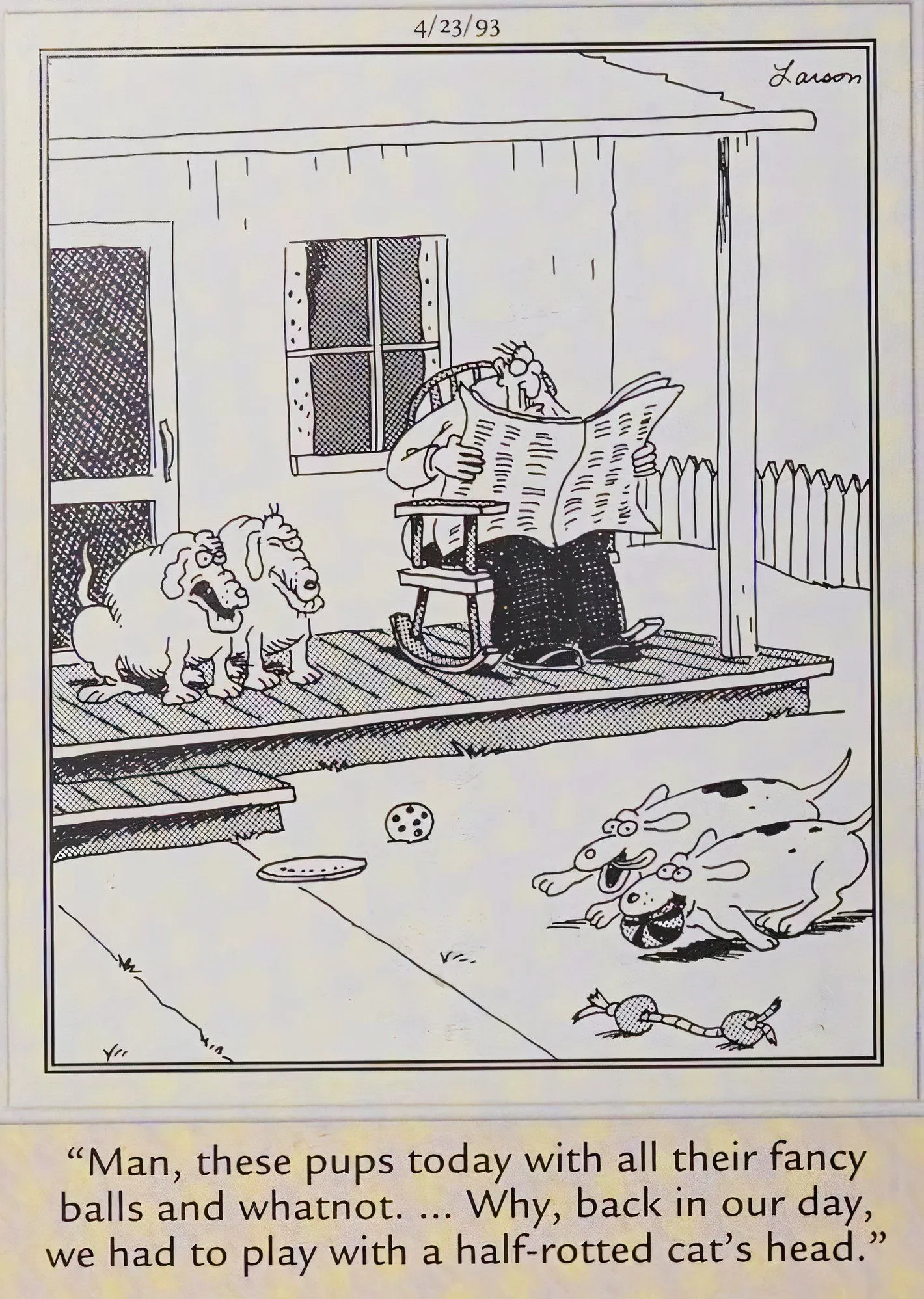 Far Side, April 23, 1993, old dogs on a porch watching young pups race by. Far Side, April 23, 1993, old dogs on a porch watching young pups race by.