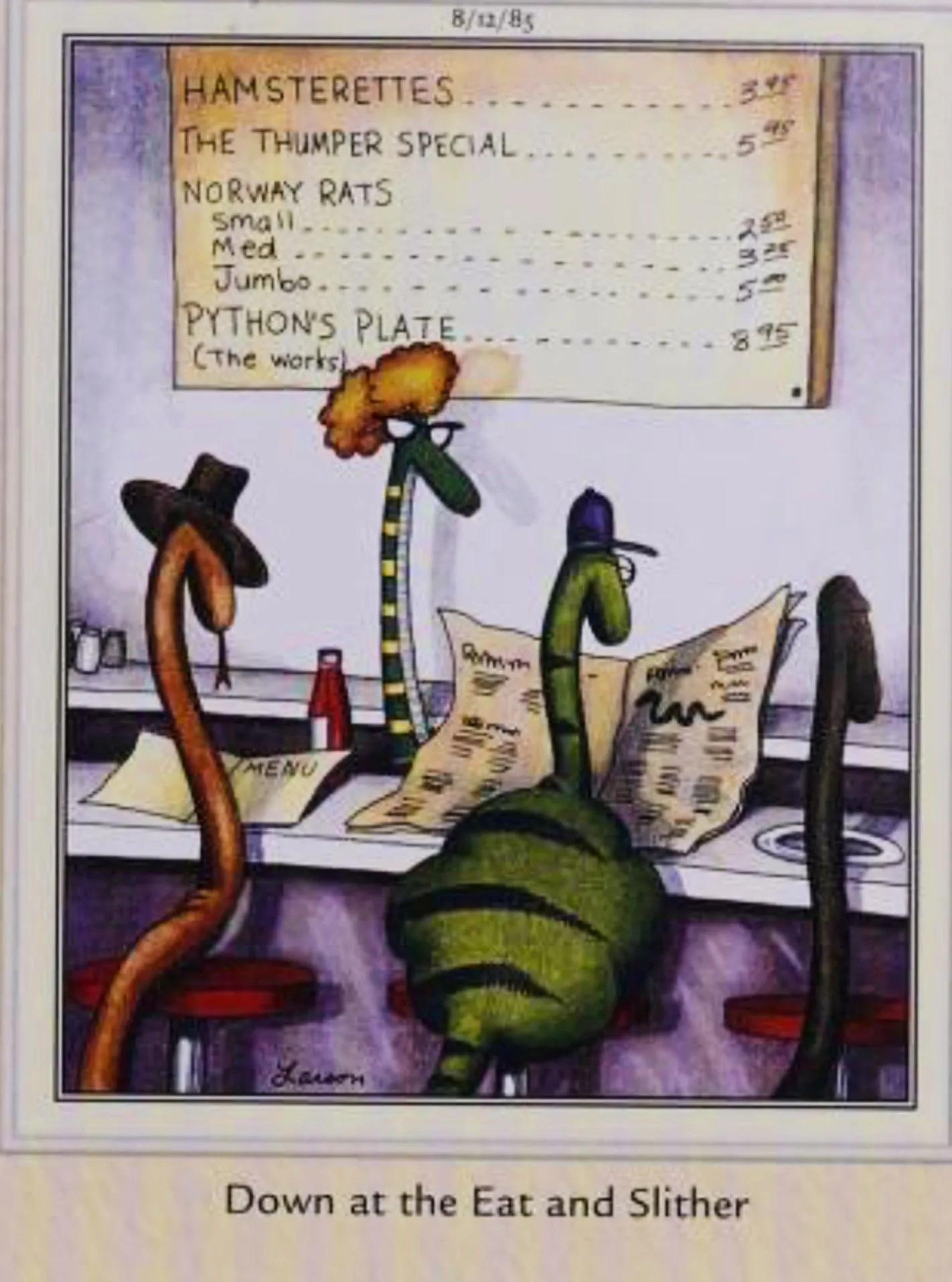 Far Side, August 12, 1985, snakes at a diner Far Side, August 12, 1985, snakes at a diner