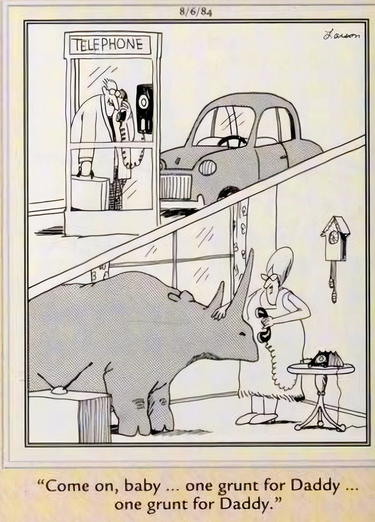 Far Side, August 6, 1984, split image of man in a phone booth as wife holds the phone up to their pet rhino. Far Side, August 6, 1984, split image of man in a phone booth as wife holds the phone up to their pet rhino.