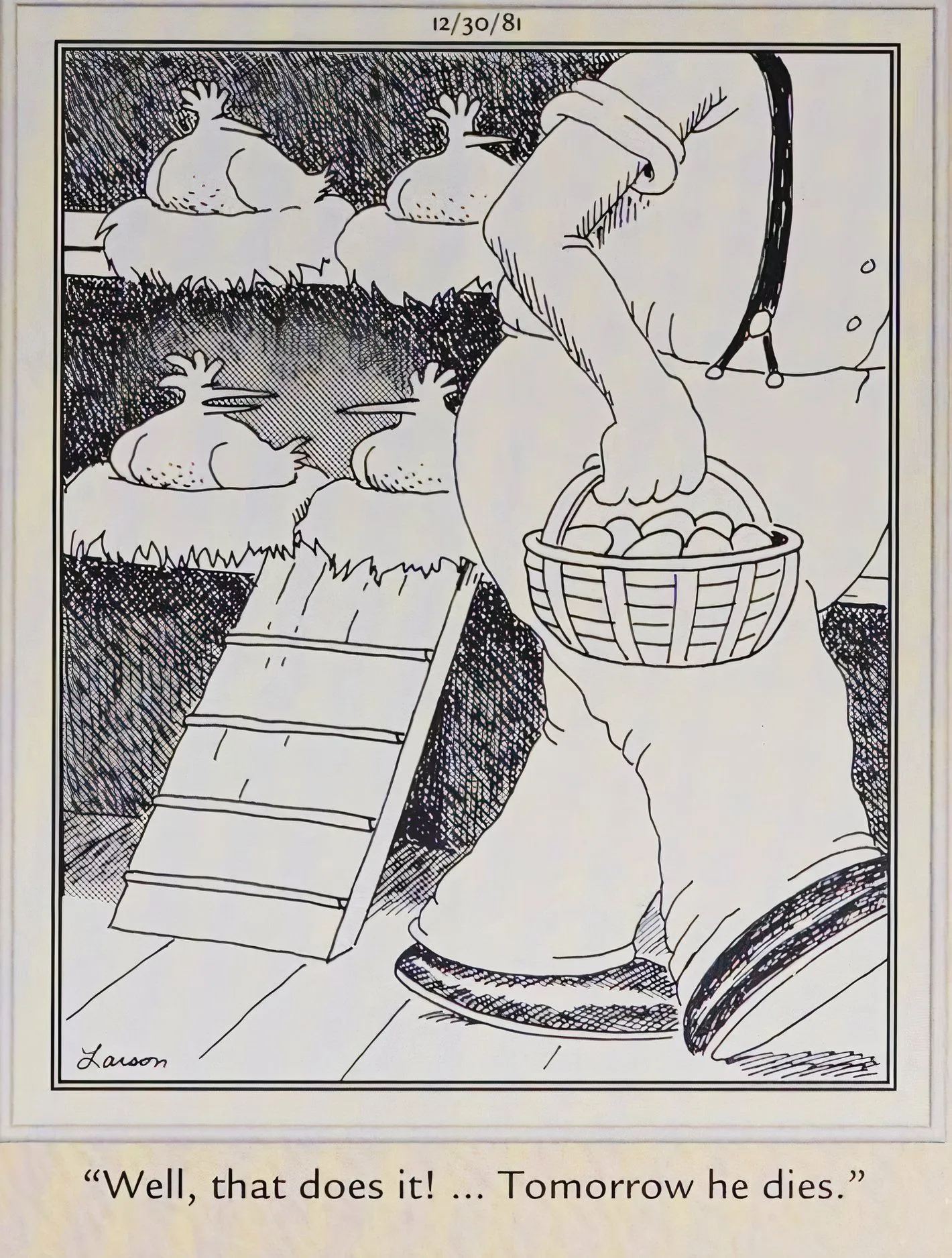 Far Side, December 30, 1981, a chicken decides to kill the farmer after he takes one too many eggs Far Side, December 30, 1981, a chicken decides to kill the farmer after he takes one too many eggs