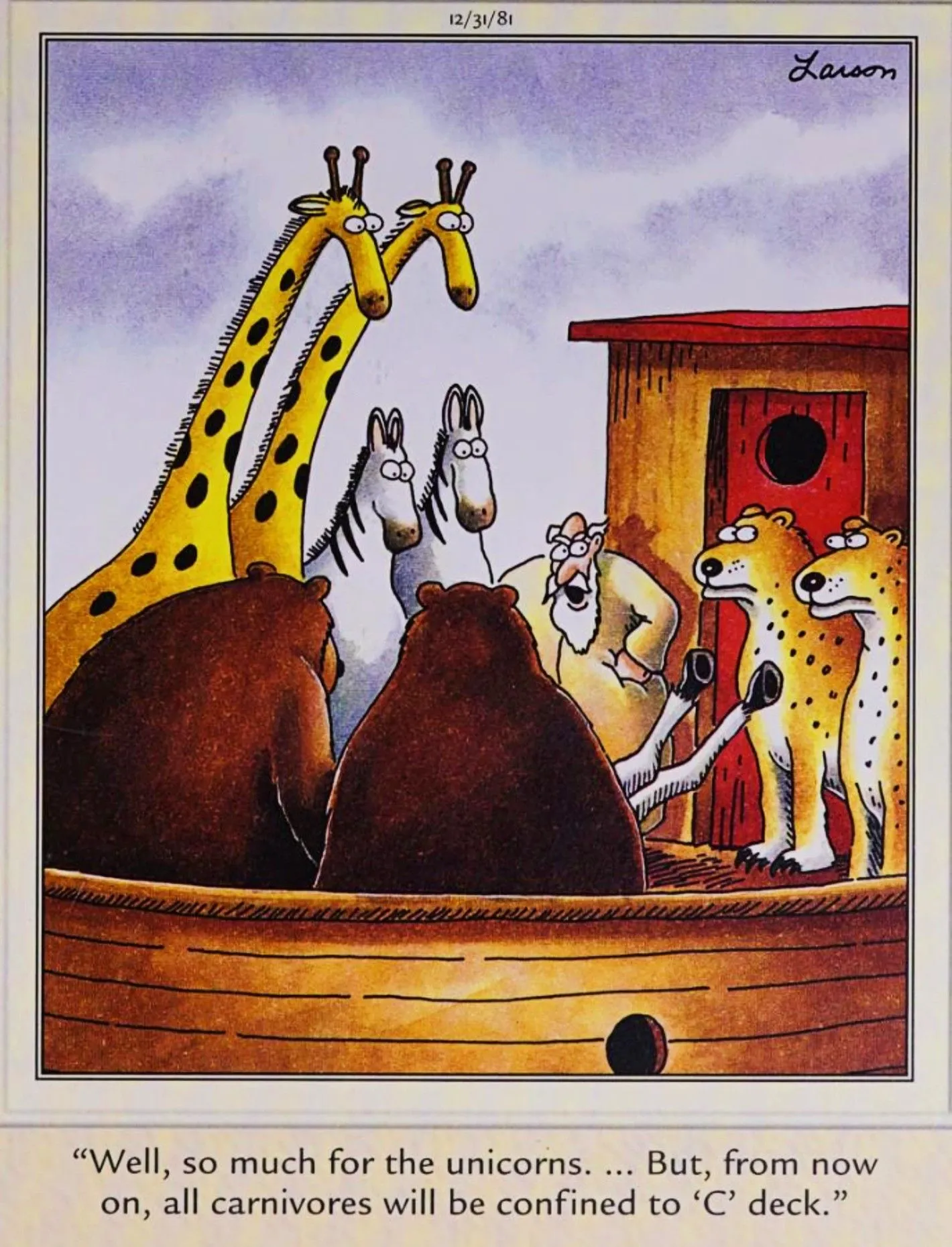 Far Side, December 31, 1981, Noah admonishes the carnivores for devouring the ark's unicorns Far Side, December 31, 1981, Noah admonishes the carnivores for devouring the ark's unicorns