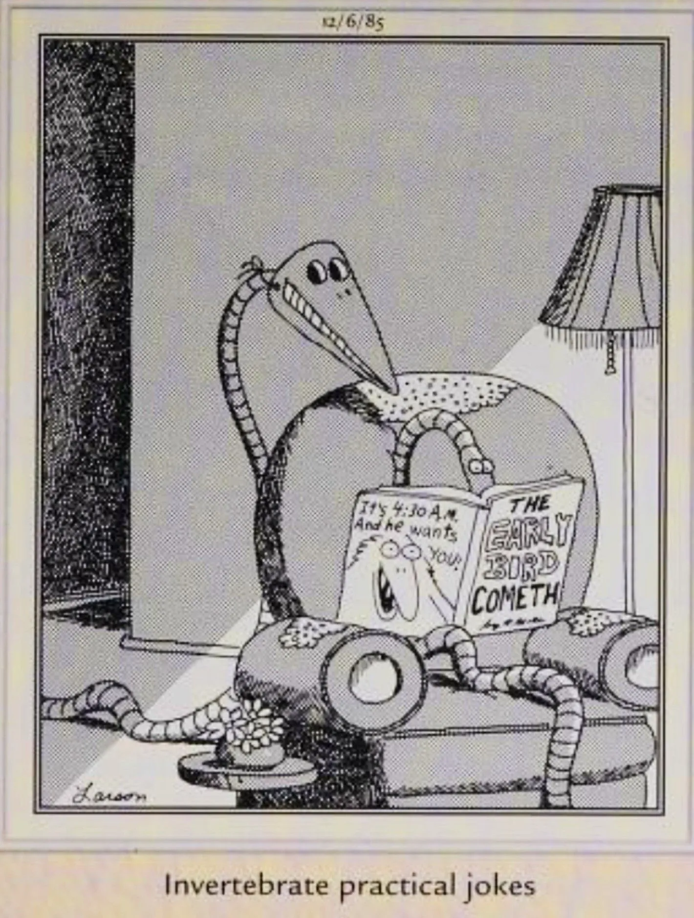 Far Side, December 6, 1985, a snake wearing a mask sneaks up on another while it is reading Far Side, December 6, 1985, a snake wearing a mask sneaks up on another while it is reading