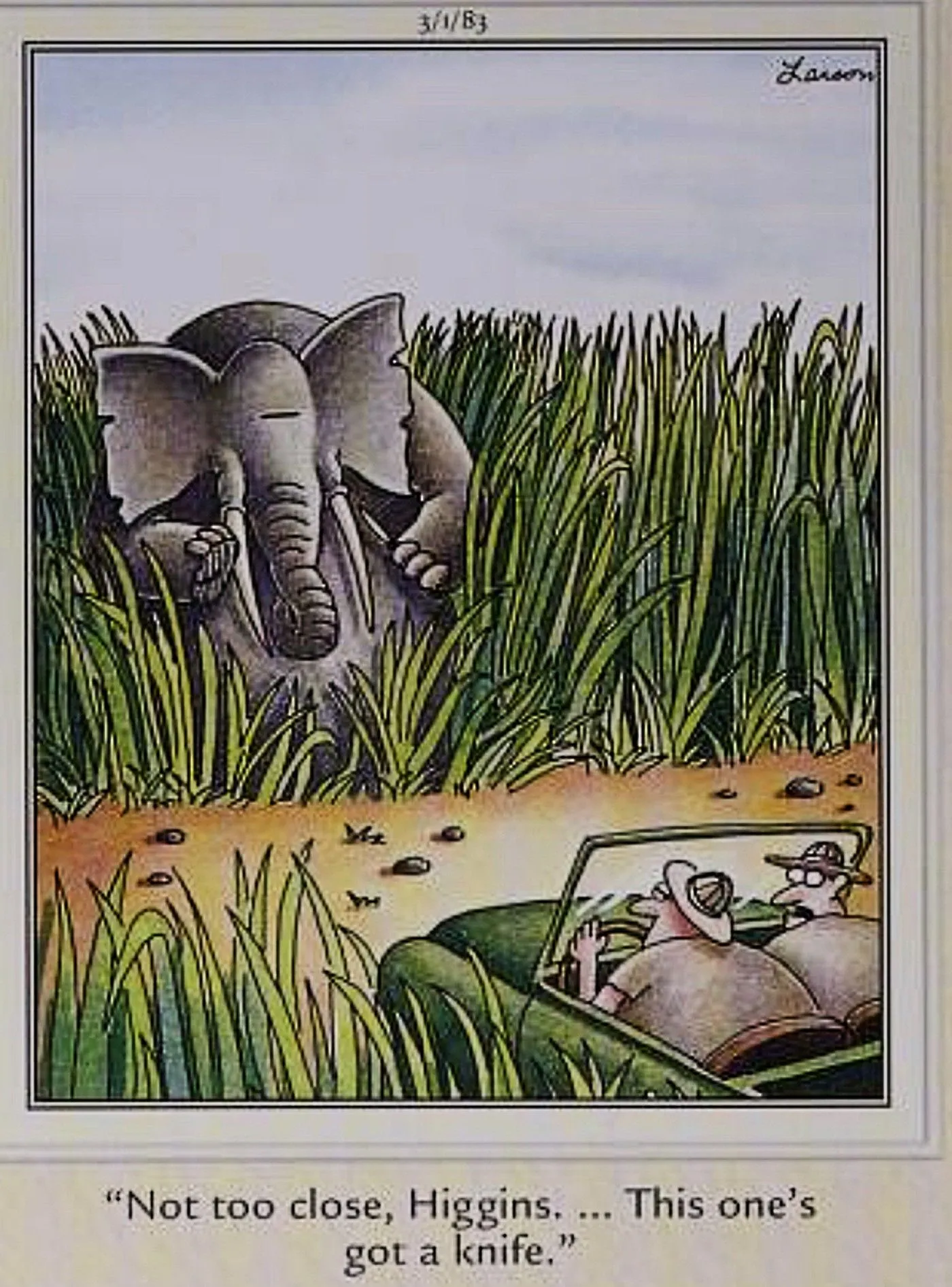 Far Side, elephant emerges from the brush wielding a knife Far Side, elephant emerges from the brush wielding a knife