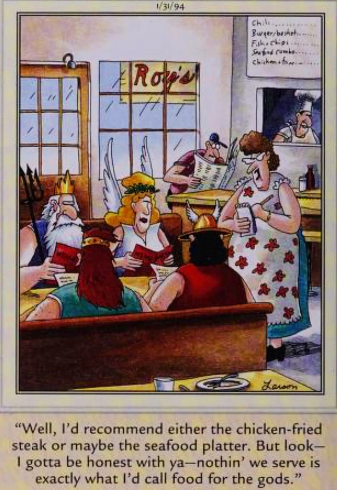 Far Side, January 31, 1994, deities at a diner ordering food Far Side, January 31, 1994, deities at a diner ordering food