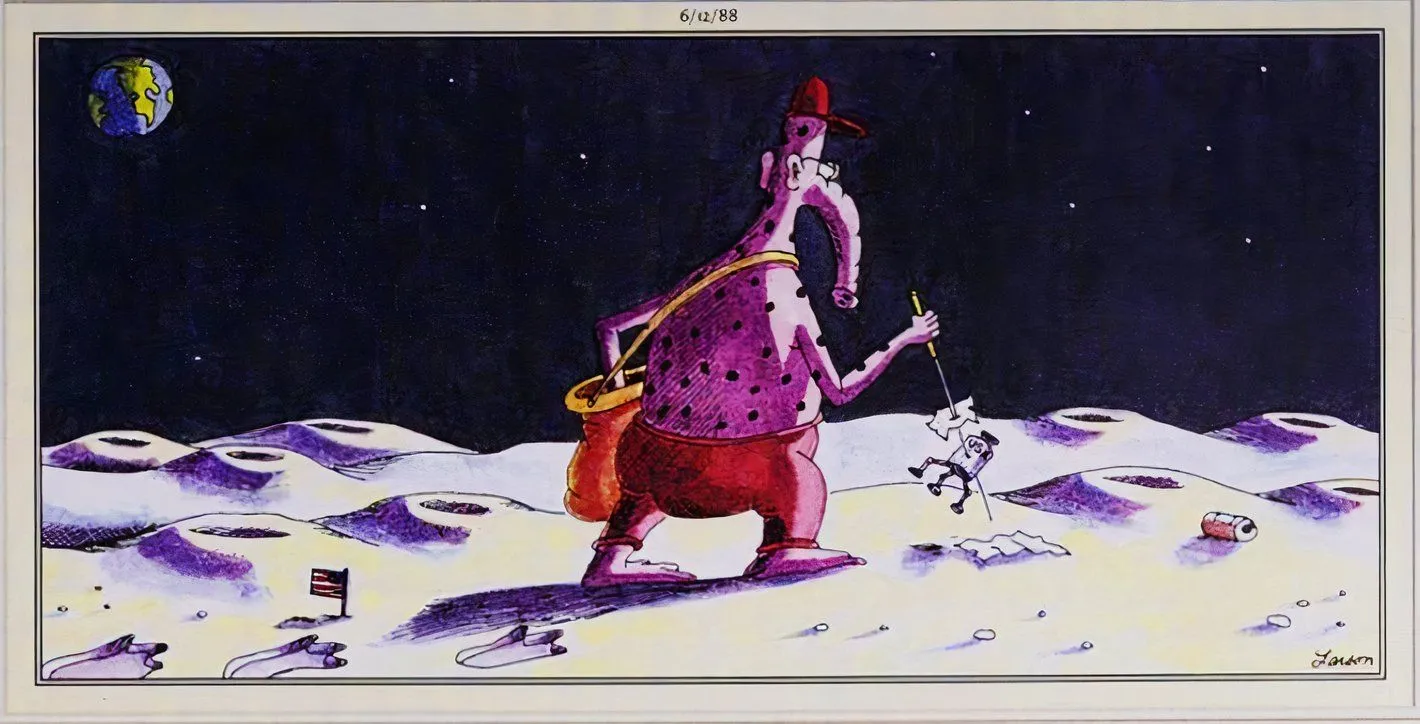 Far Side, a giant alien custodian spears a lunar landing module. Far Side, a giant alien custodian spears a lunar landing module.