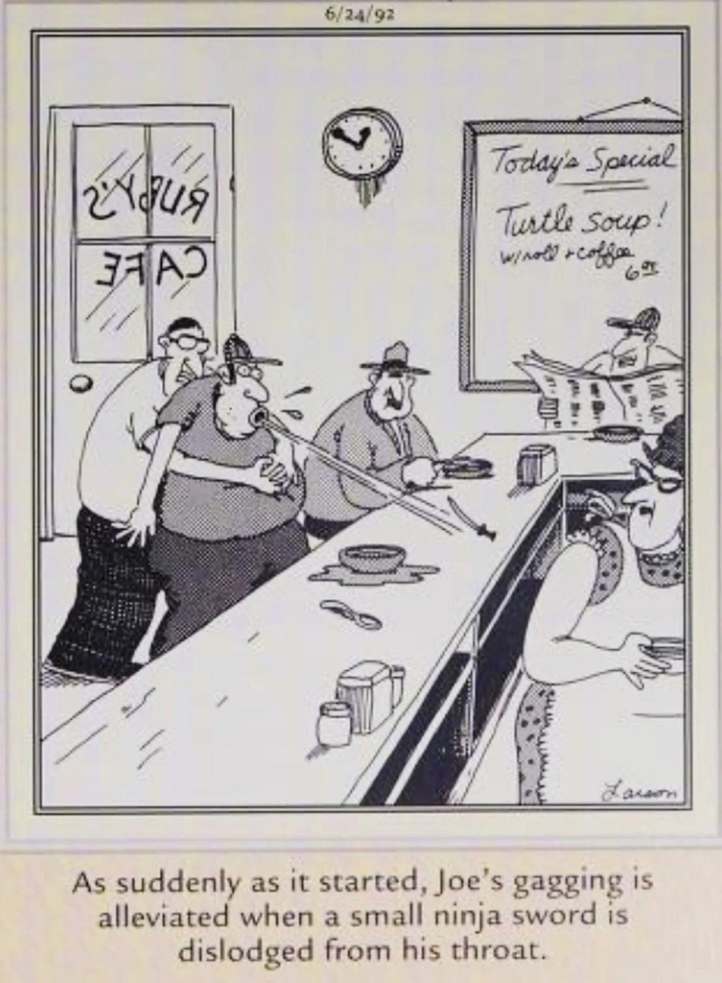 Far Side, June 24, 1992, a man at a lunch counter chokes on a tiny samurai sword Far Side, June 24, 1992, a man at a lunch counter chokes on a tiny samurai sword