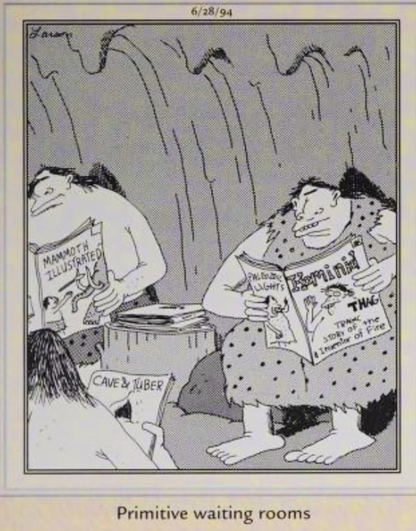 Far Side, June 28, 1994, cavepeople reading prehistoric magazines Far Side, June 28, 1994, cavepeople reading prehistoric magazines