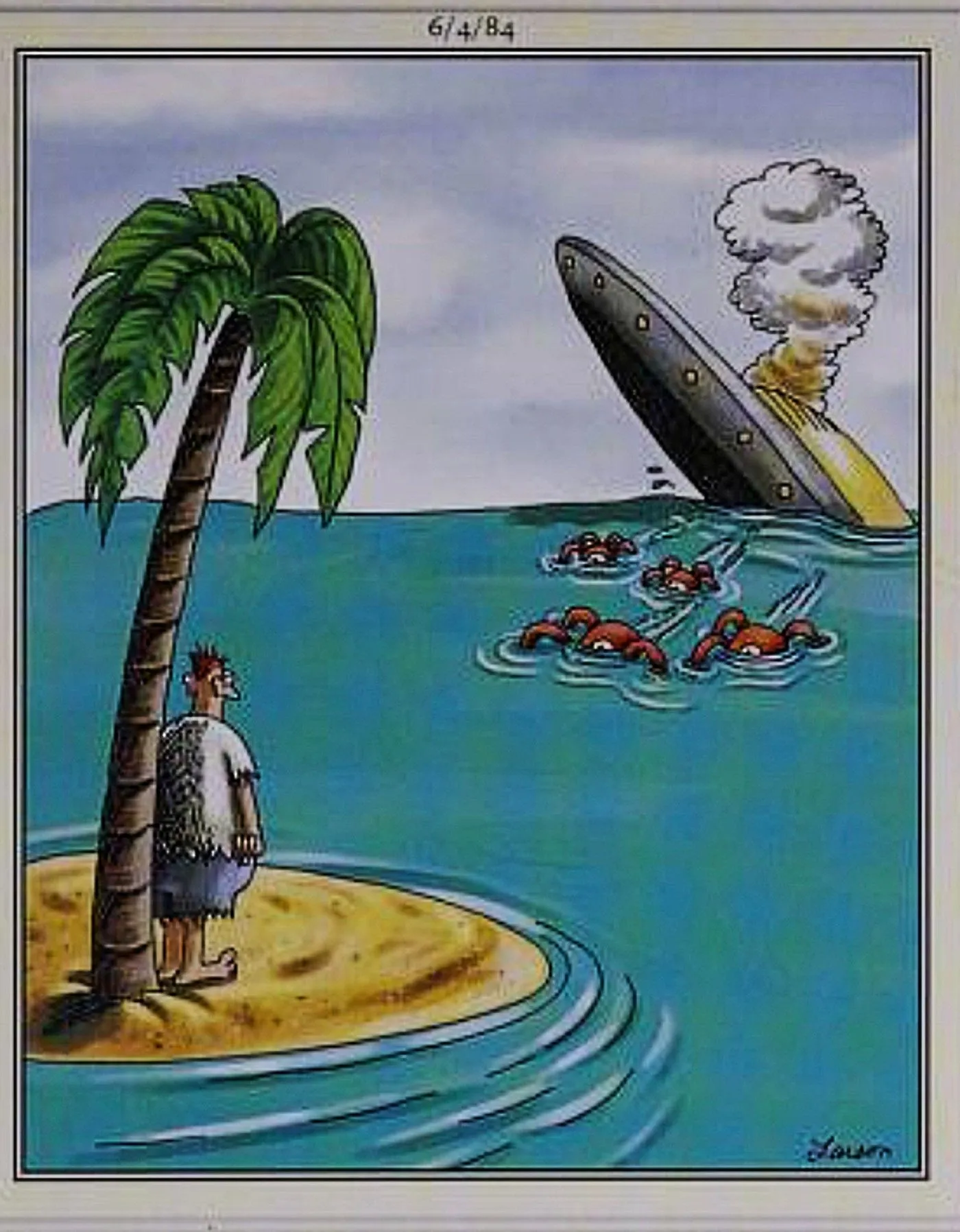 Far Side, man on desert island watches as UFO crashes in ocean and aliens swim toward him Far Side, man on desert island watches as UFO crashes in ocean and aliens swim toward him