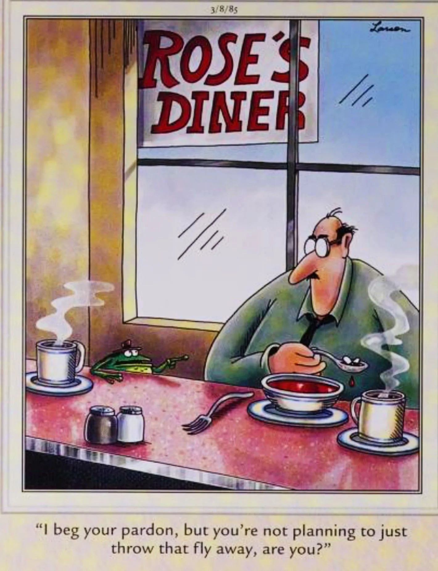 Far Side, March 8, 1985, a frog asks a man for the fly in his soup Far Side, March 8, 1985, a frog asks a man for the fly in his soup