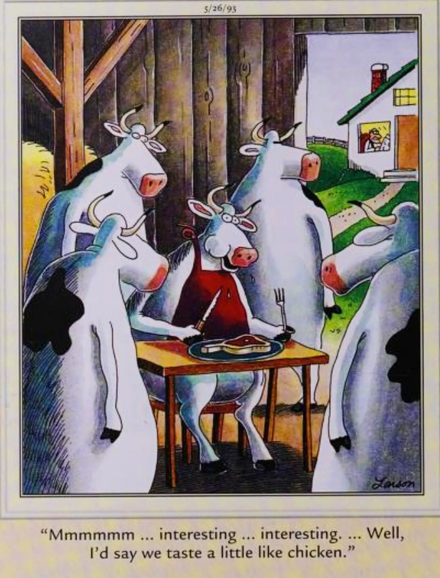 Far Side, May 26, 1993, cows taste one of their own kind Far Side, May 26, 1993, cows taste one of their own kind