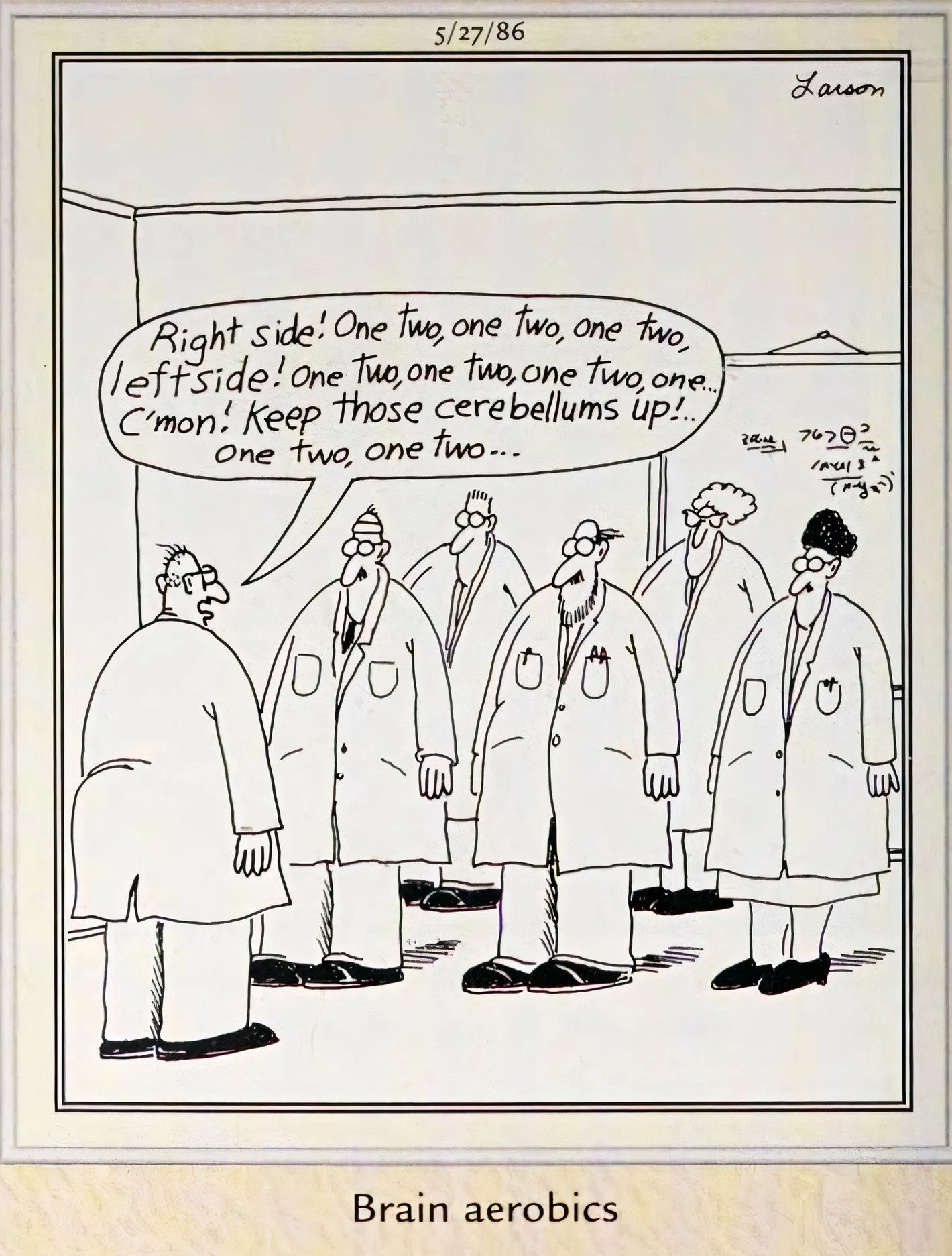 Far Side, scientists practicing 'brain aerobics'