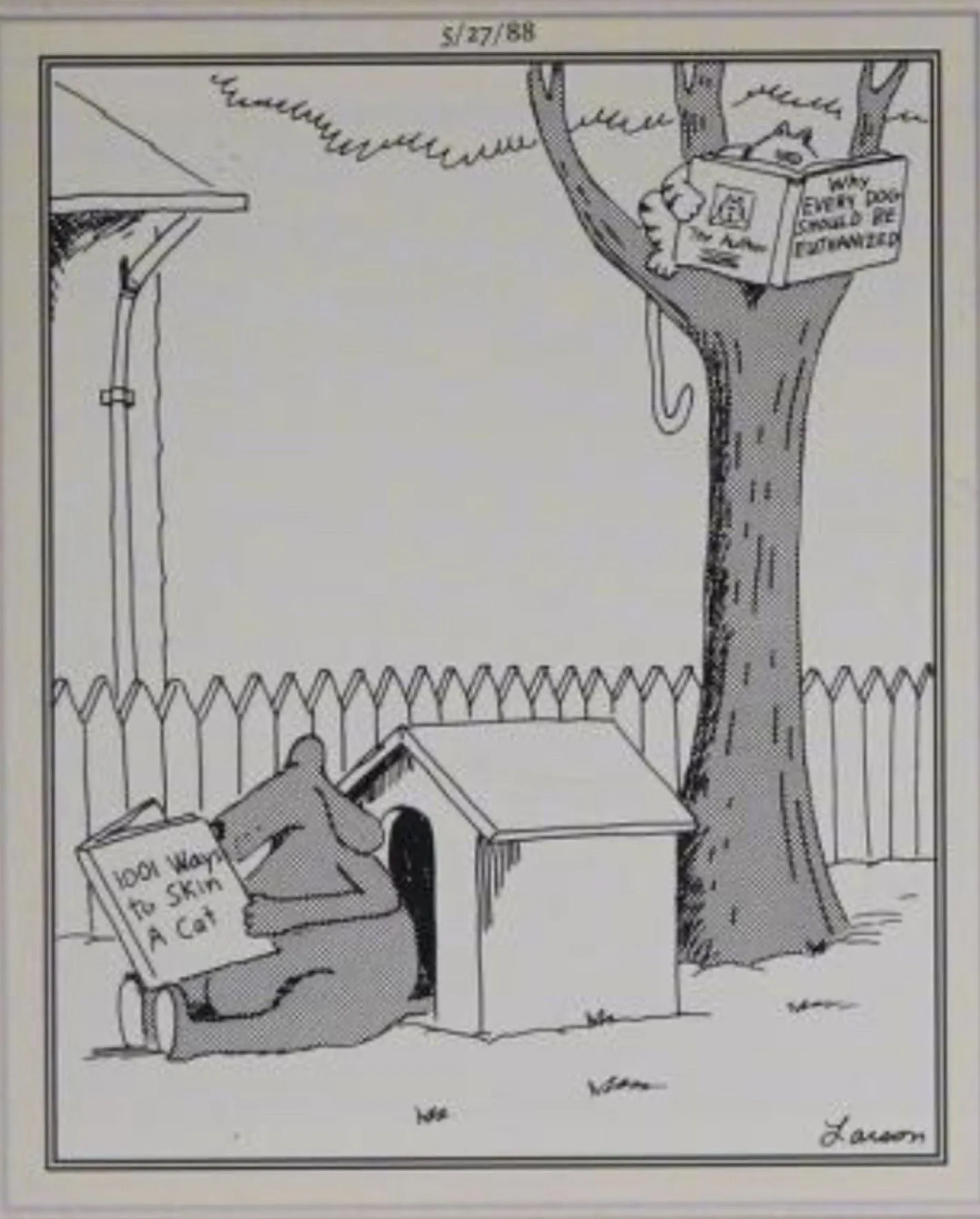 Far Side, May 27, 1988, a dog and a cat reading books Far Side, May 27, 1988, a dog and a cat reading books