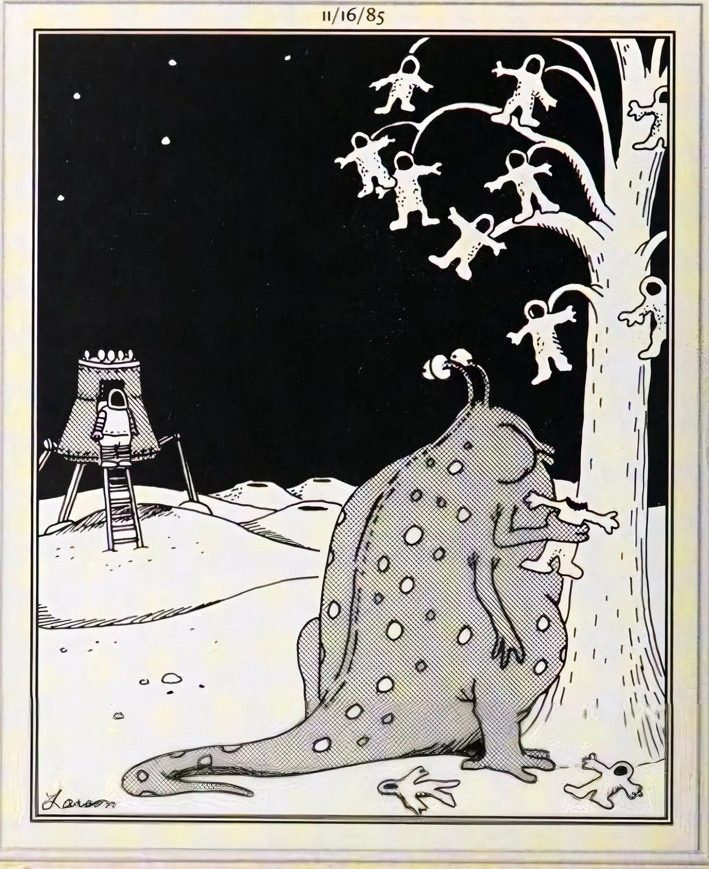 Far Side, an alien eats astronauts off a tree. Far Side, an alien eats astronauts off a tree.